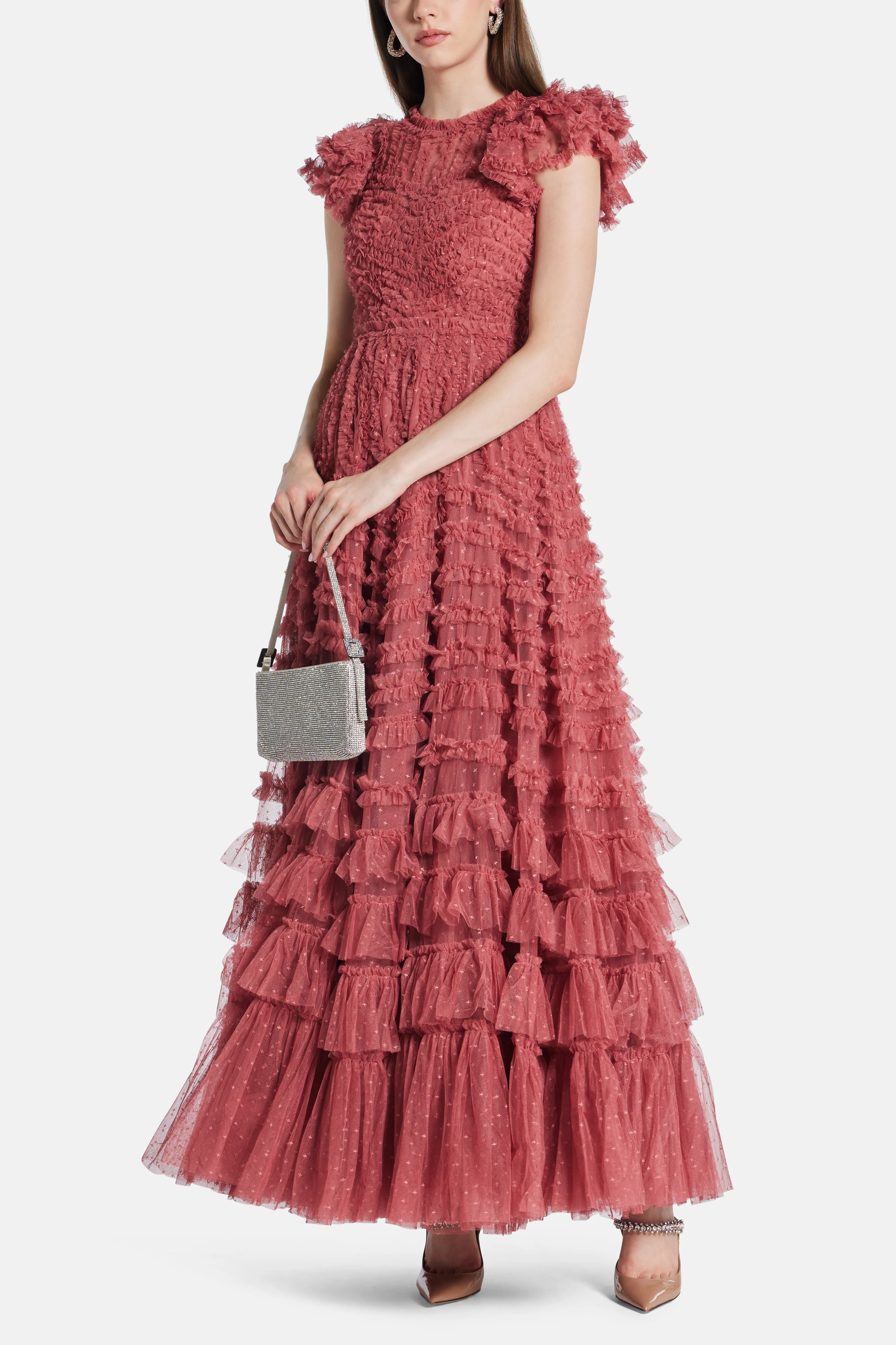 Dappled Sequin Round Neck Long Sleeves Evening Dress in Maroon