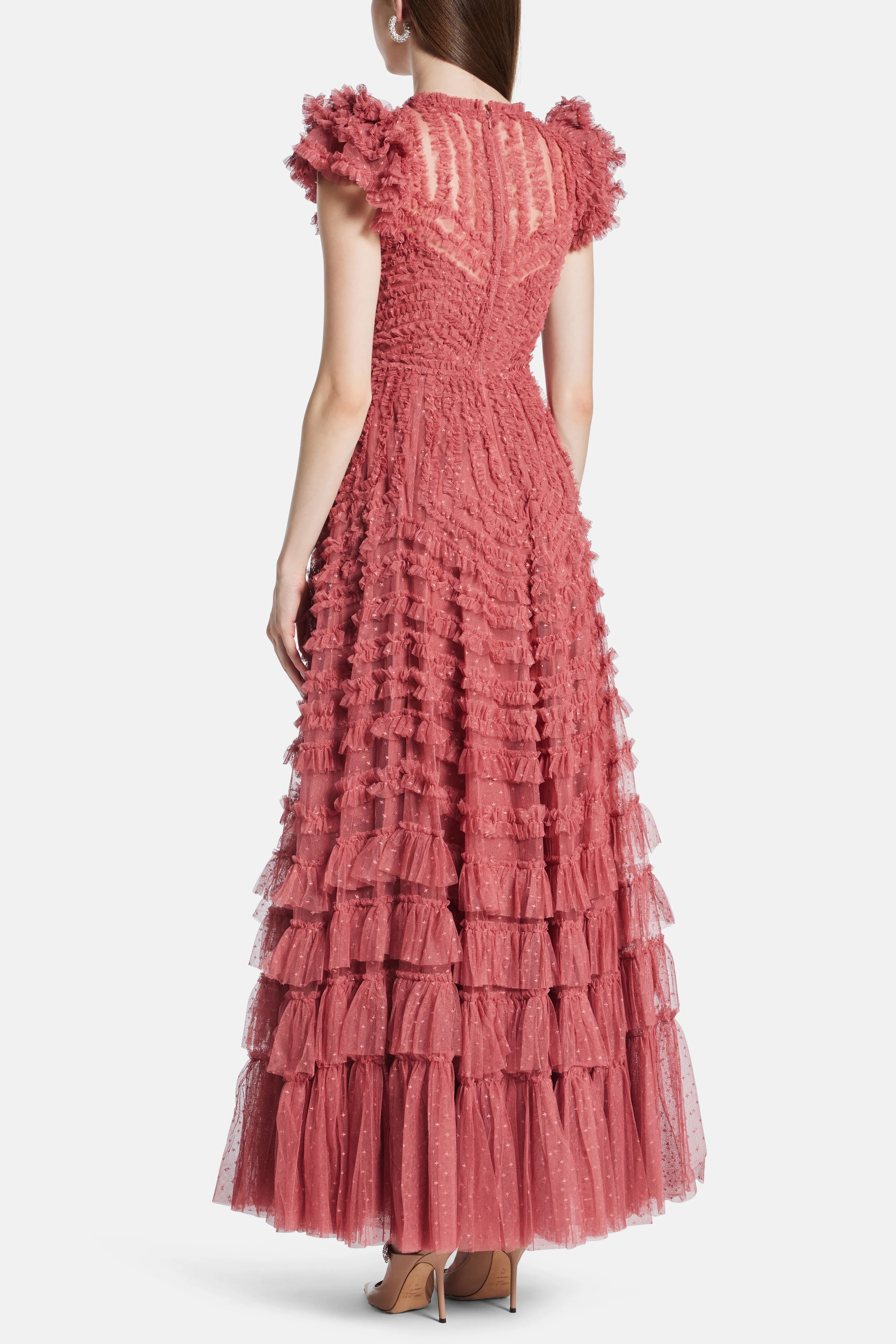 Dappled Sequin Round Neck Long Sleeves Evening Dress in Maroon