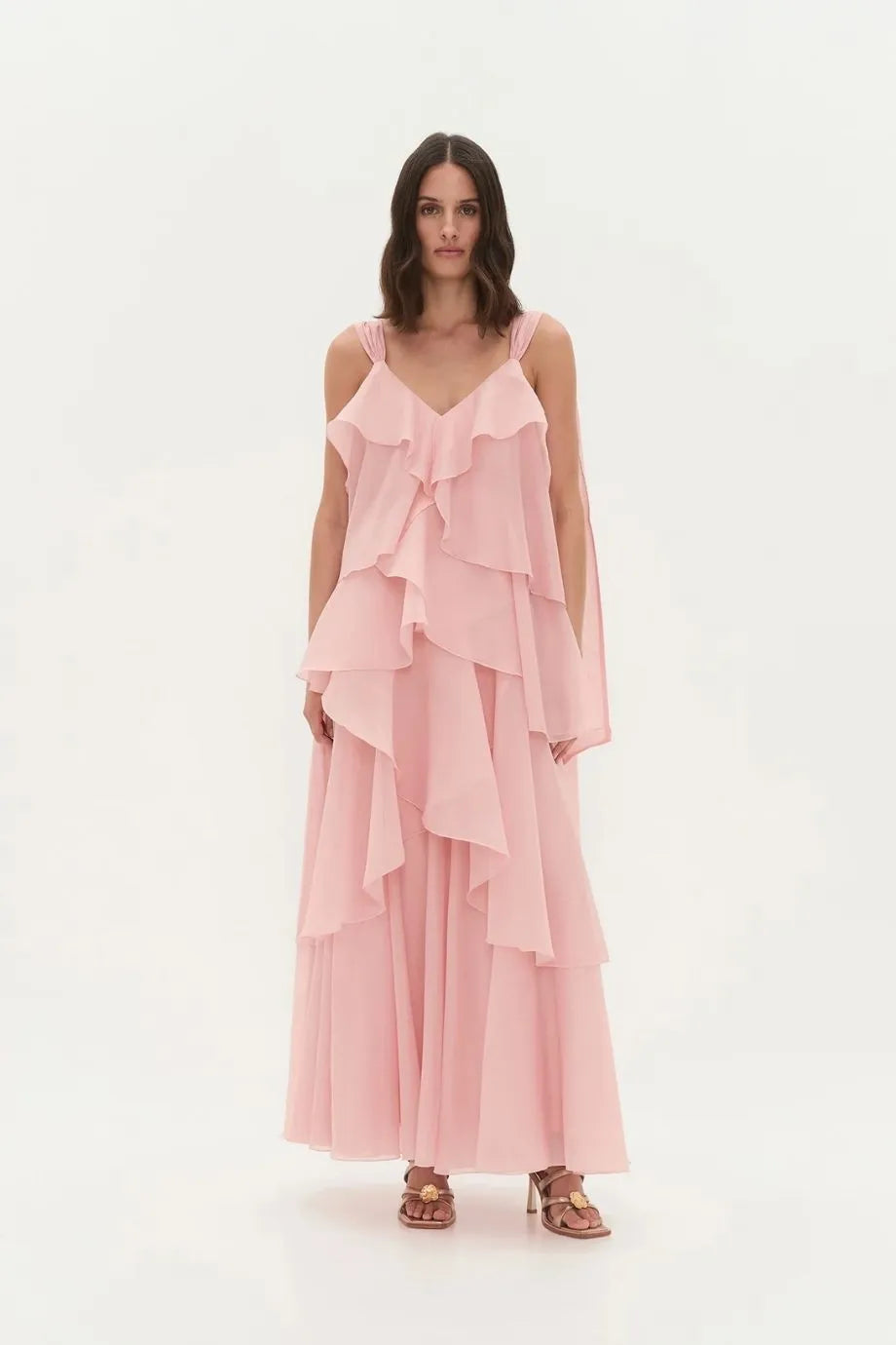 Gracie Sleeveless Ruffles Maxi Dress in Pink