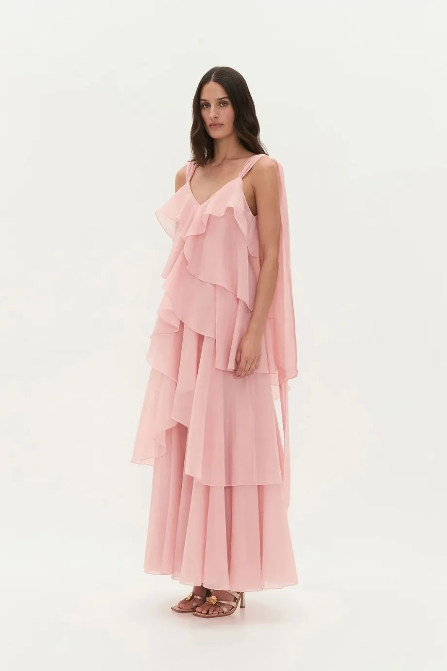 Gracie Sleeveless Ruffles Maxi Dress in Pink