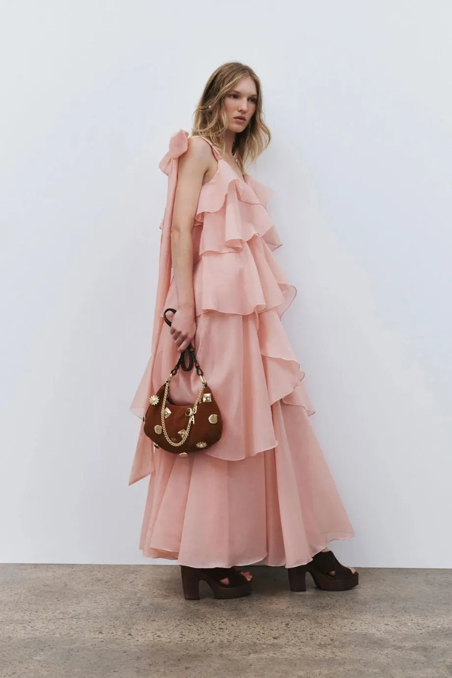Gracie Sleeveless Ruffles Maxi Dress in Pink