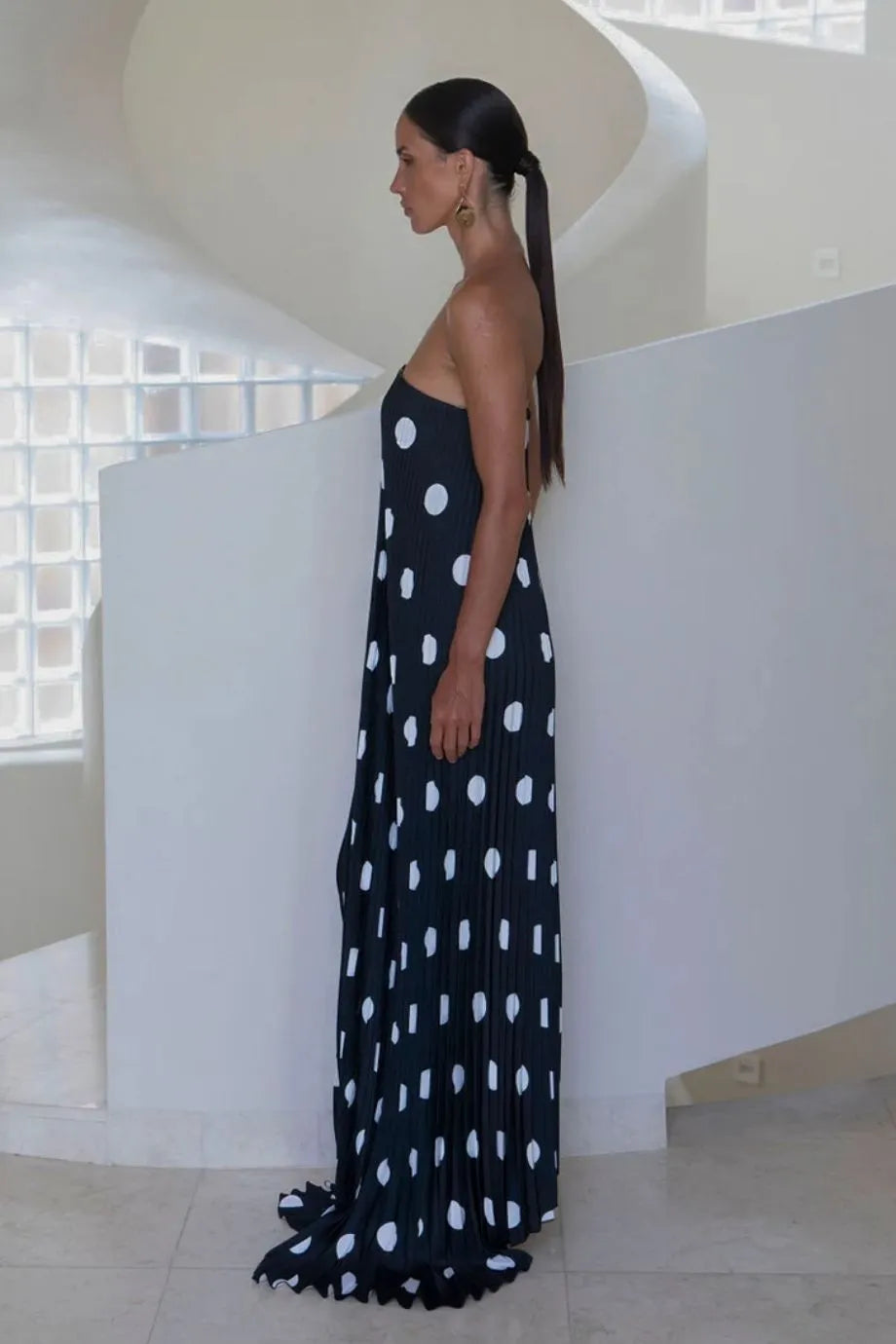 Black Tie Polka Dot Pleated Evening Dress in Black