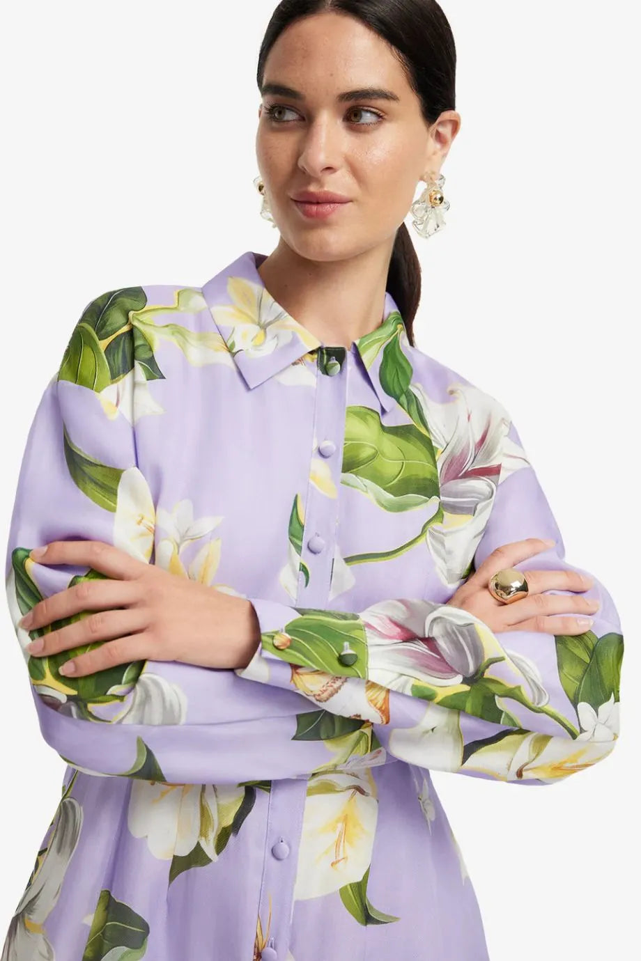 Josephine Floral Lily Blossom Belted Silk Maxi Dress in Purple