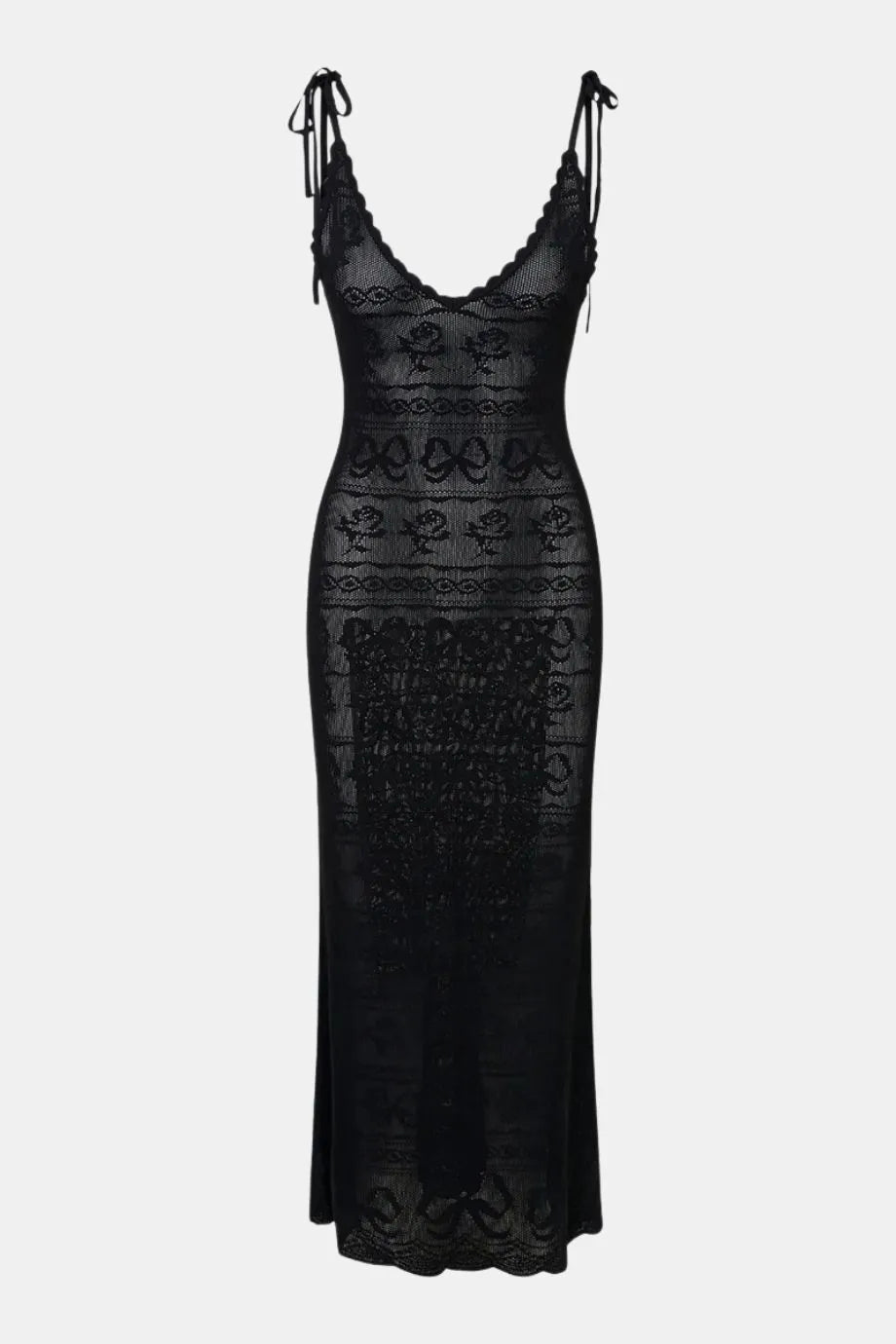 Cillian Bow Flower Pointelle Sleeveless Maxi Dress in Black