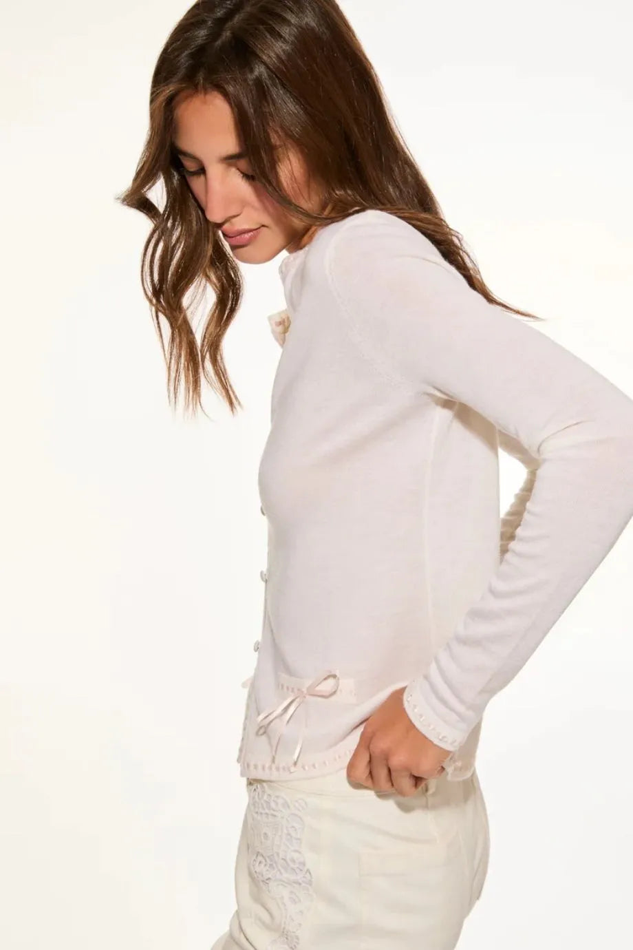 Nessa Ribbon Detail Wool Cardigan in White