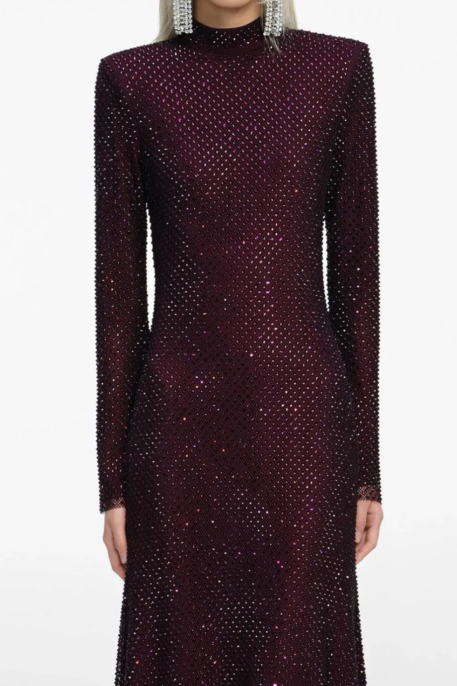 Rhinestone Fishnet Evening Dress in Burgundy