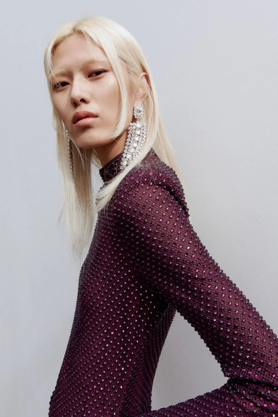 Rhinestone Fishnet Evening Dress in Burgundy