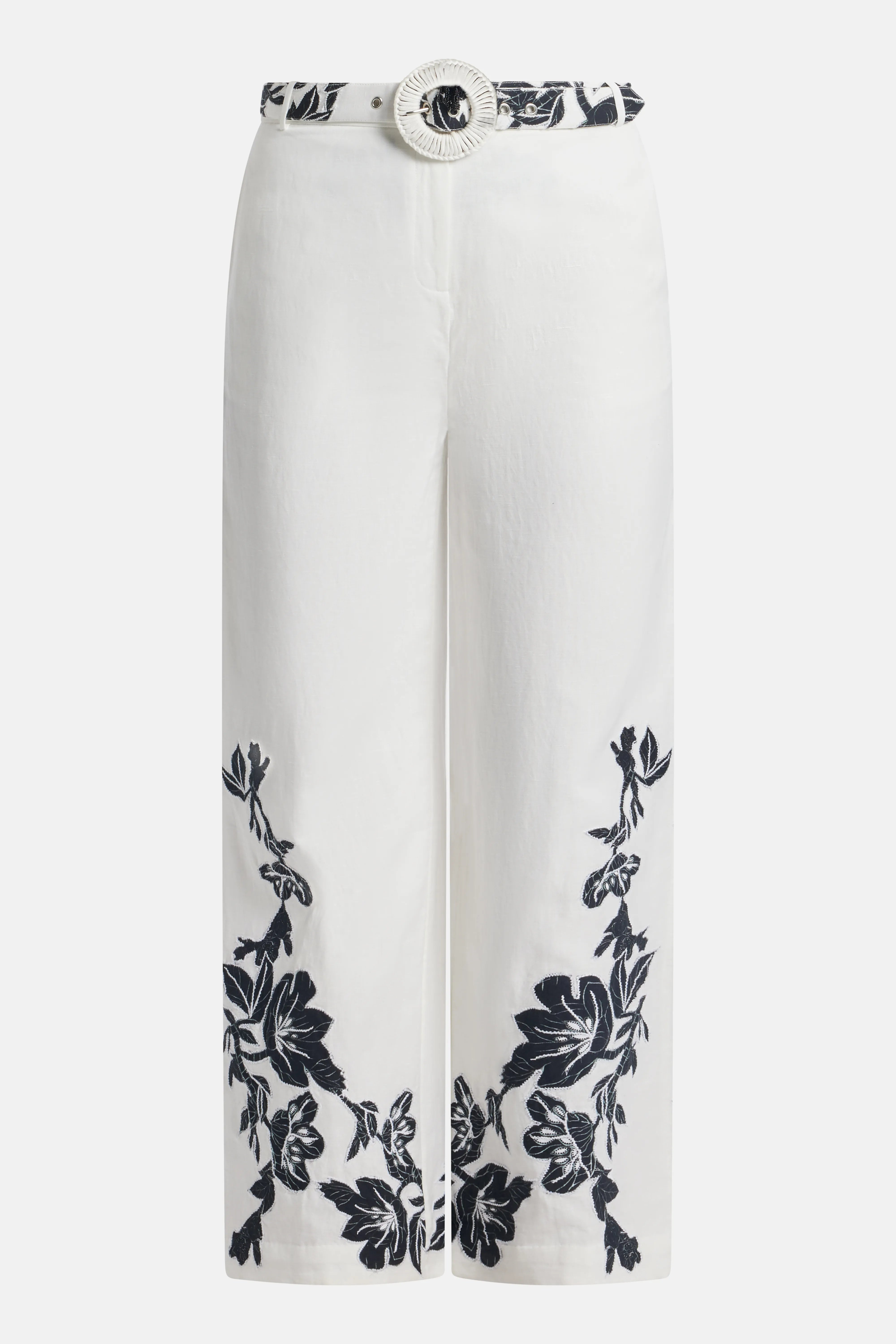 Aahi Floral Linen Wide Legged Belted Pants in White
