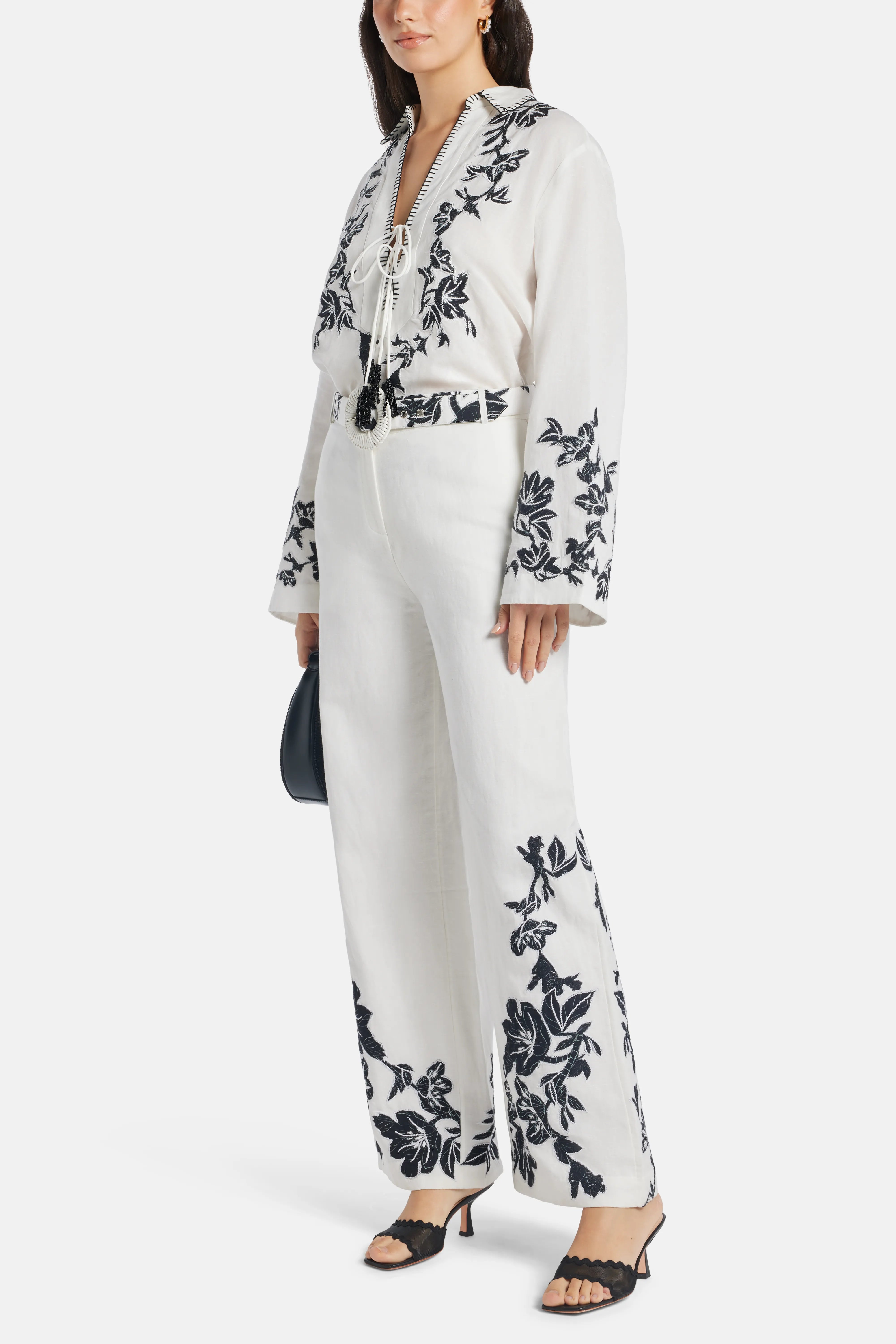 Aahi Floral Linen Wide Legged Belted Pants in White