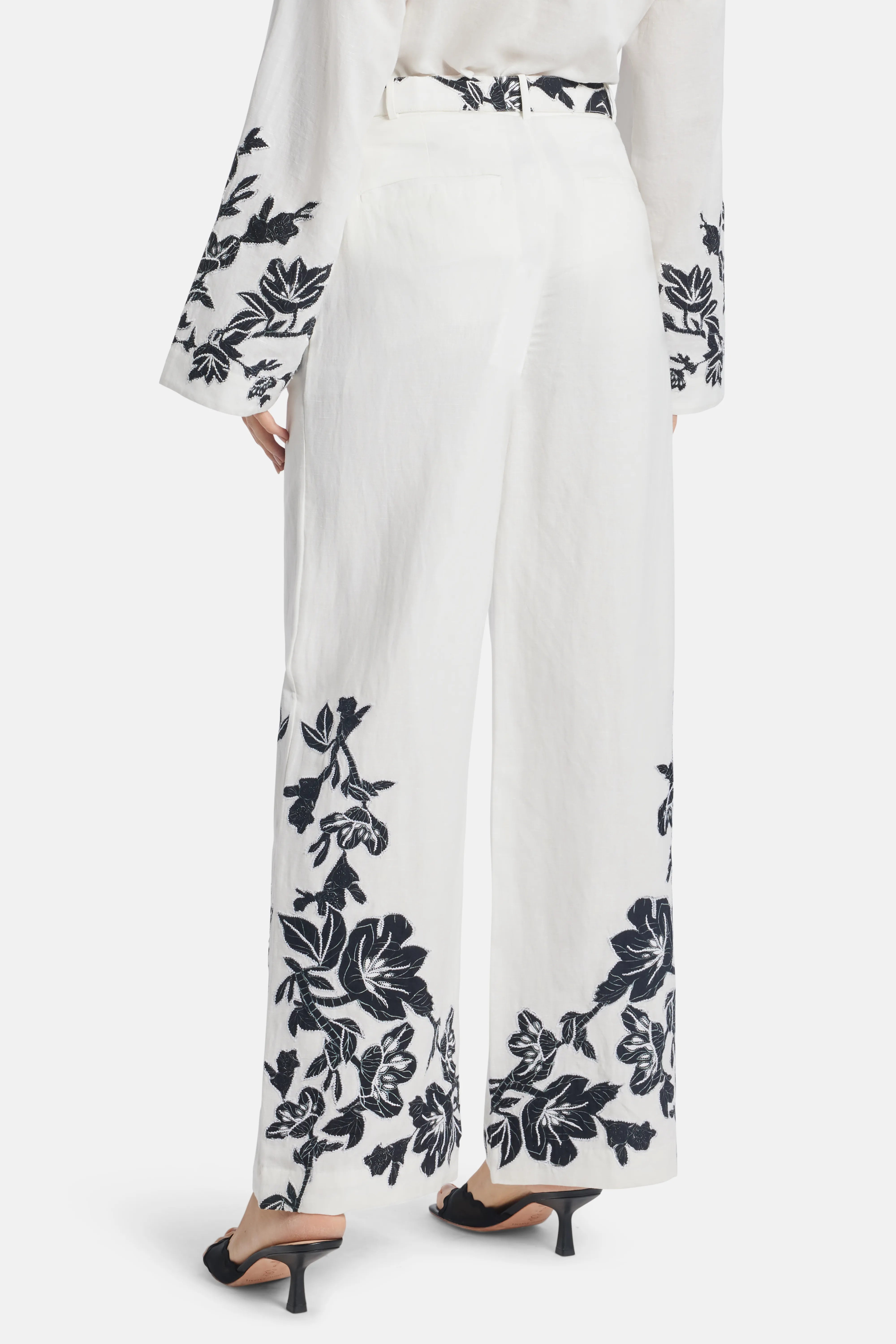 Aahi Floral Linen Wide Legged Belted Pants in White