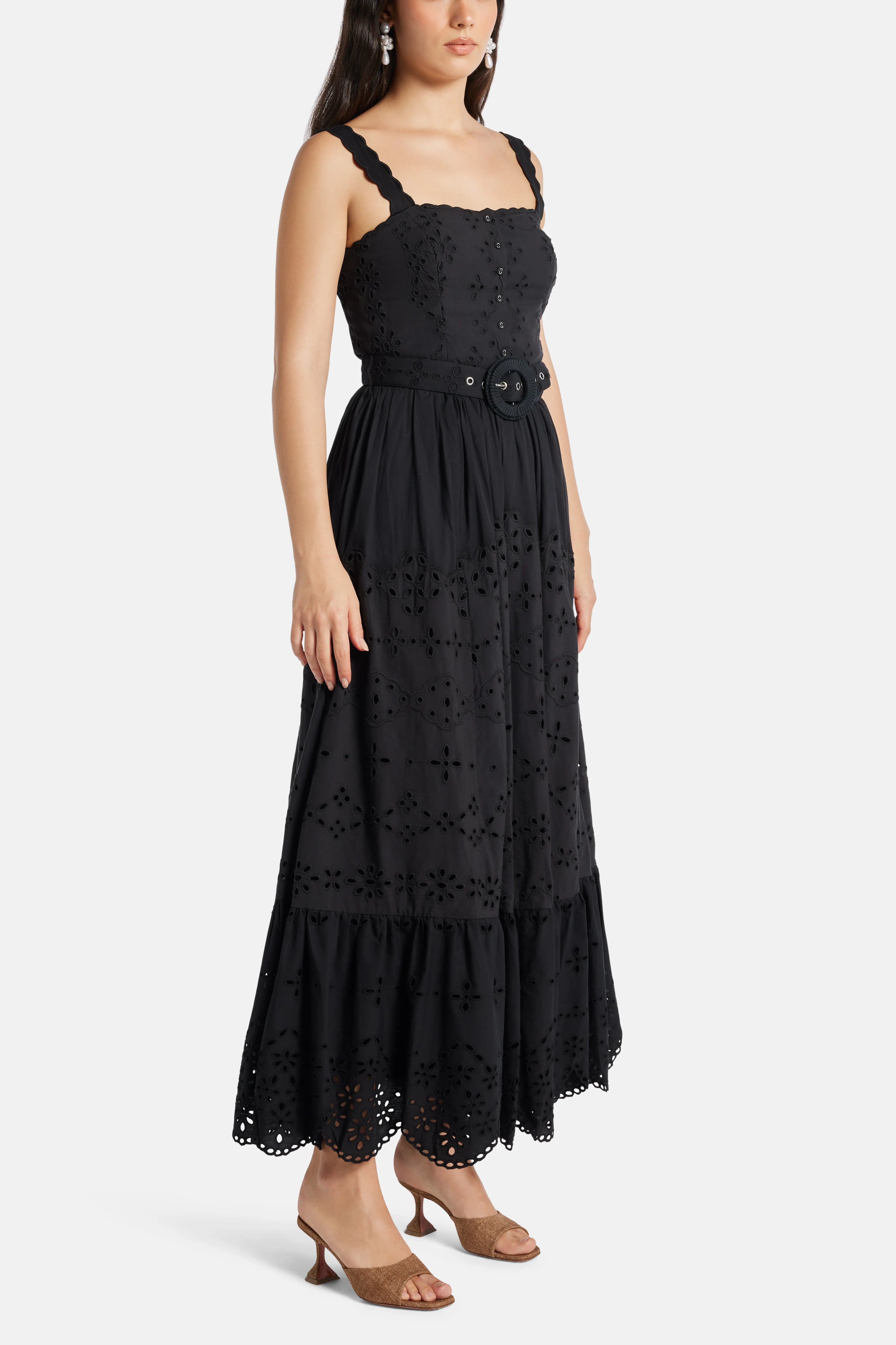 Raga Sleeveless Belted Cotton Maxi Dress in Black
