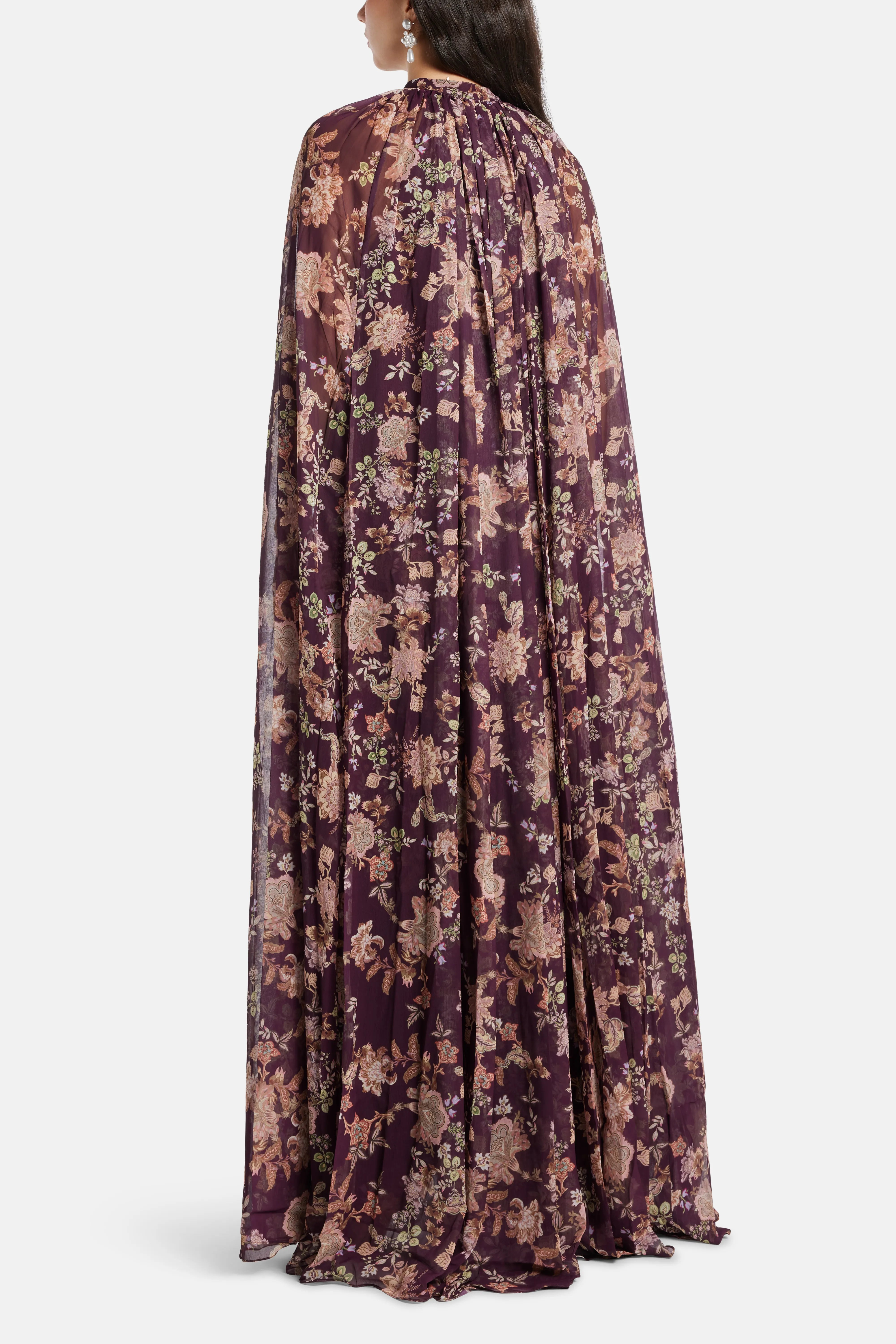 Savi Floral Pleated Cape Cotton Maxi Dress in Burgundy