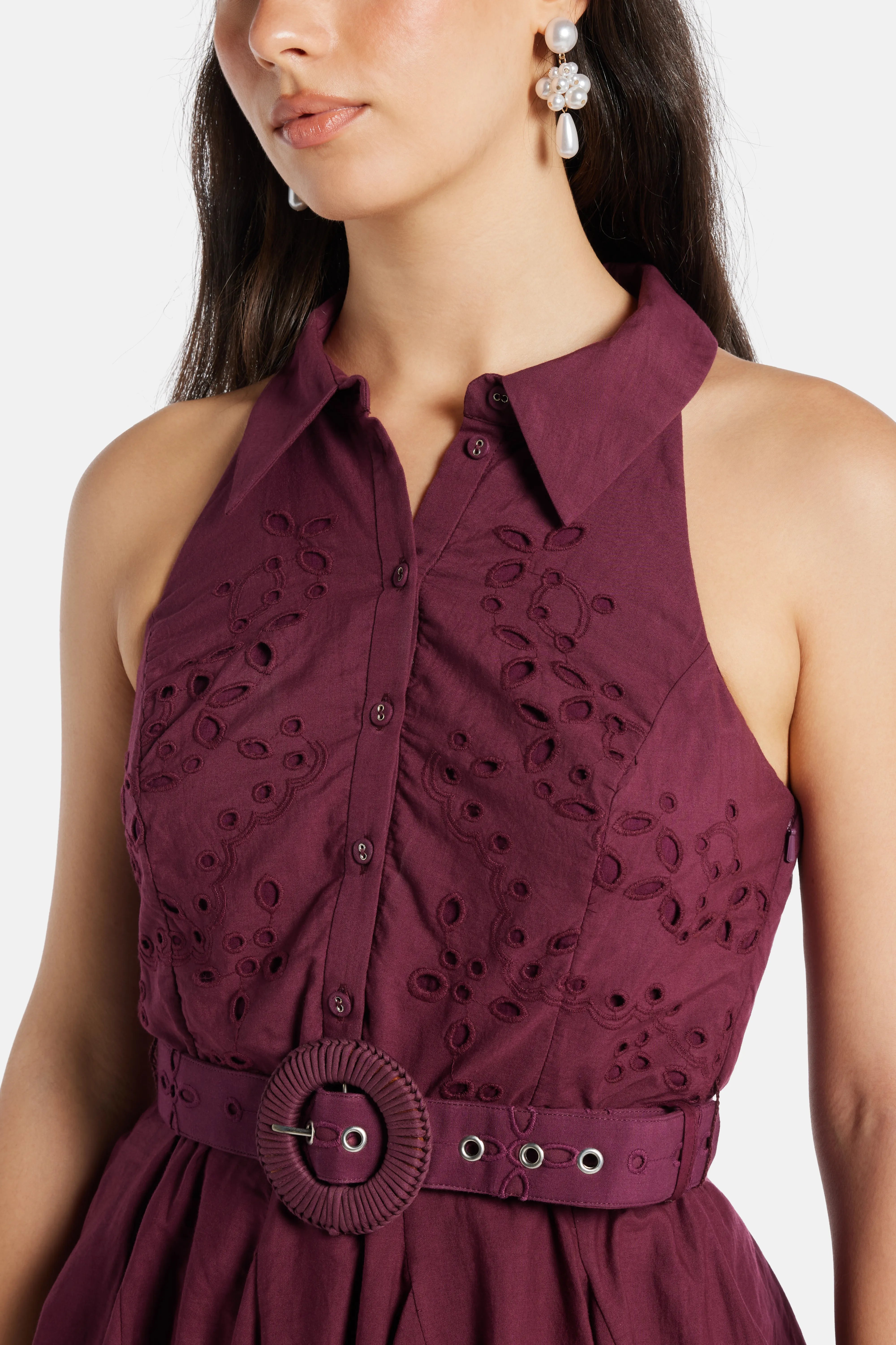 Mahi Floral Sleeveless Belted Cotton Mini Dress in Burgundy