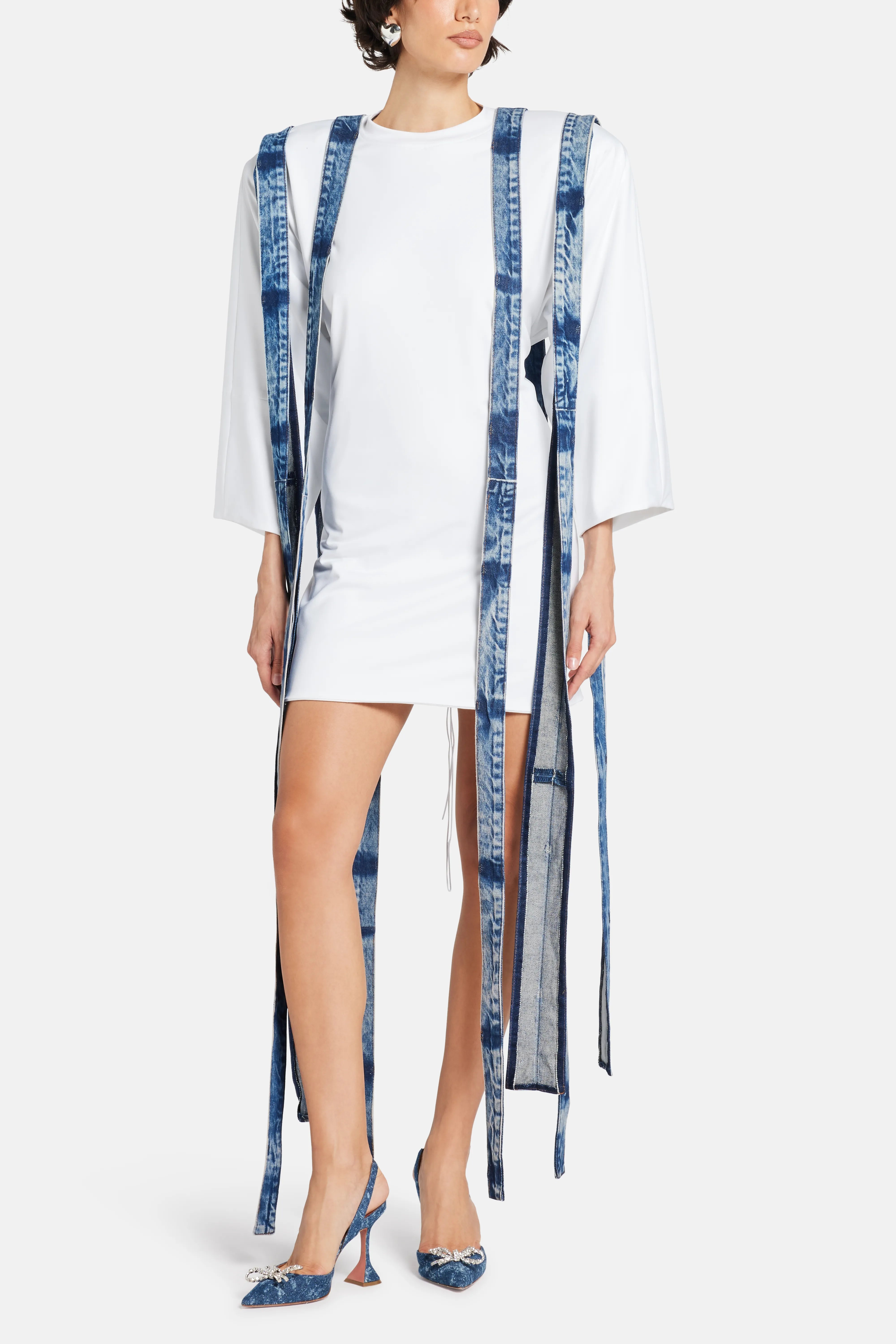 Oversized Denim Straps T-Shirt Mini Dress in White