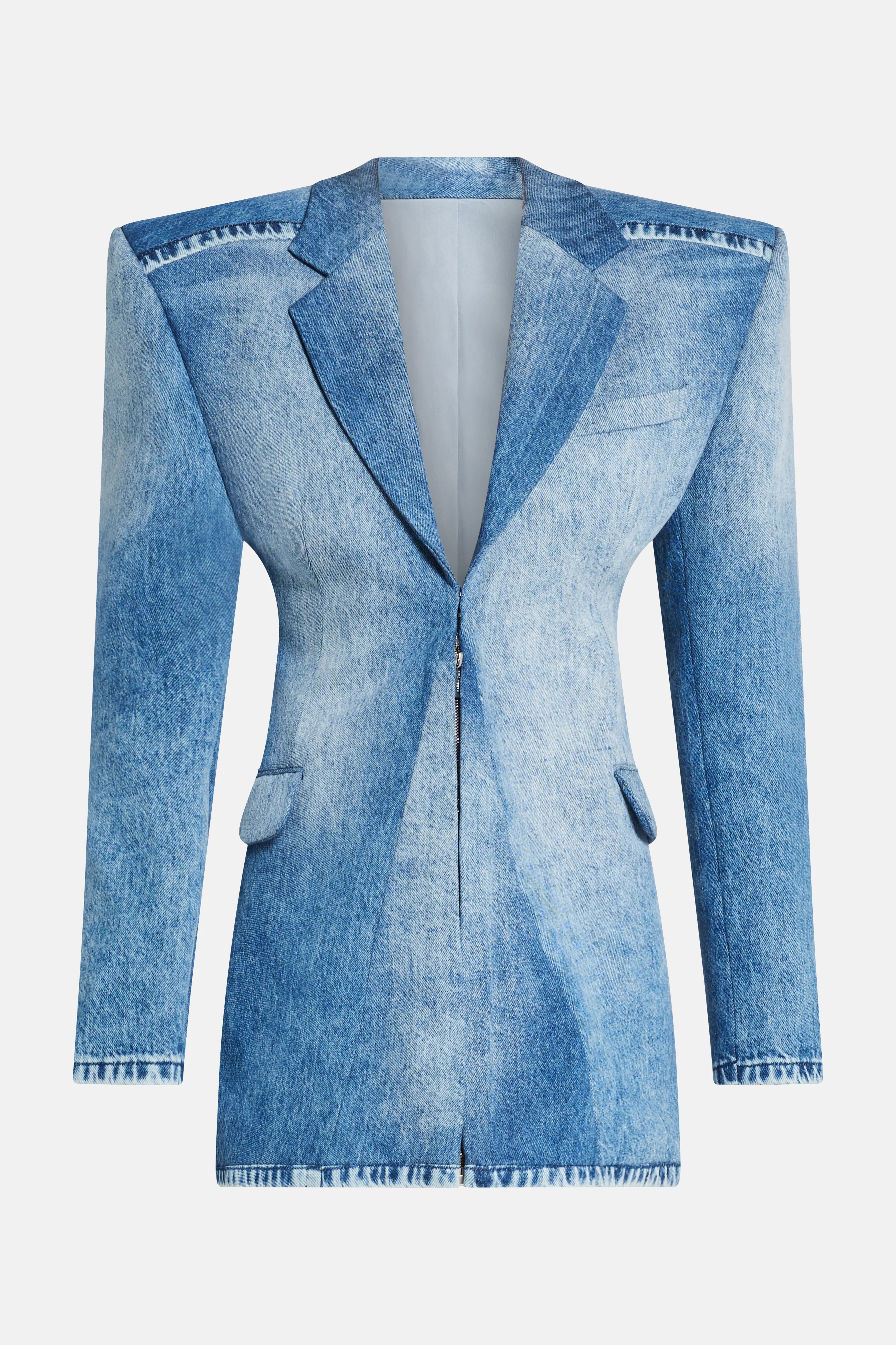 Structured Denim Cotton Blazer Dress in Blue