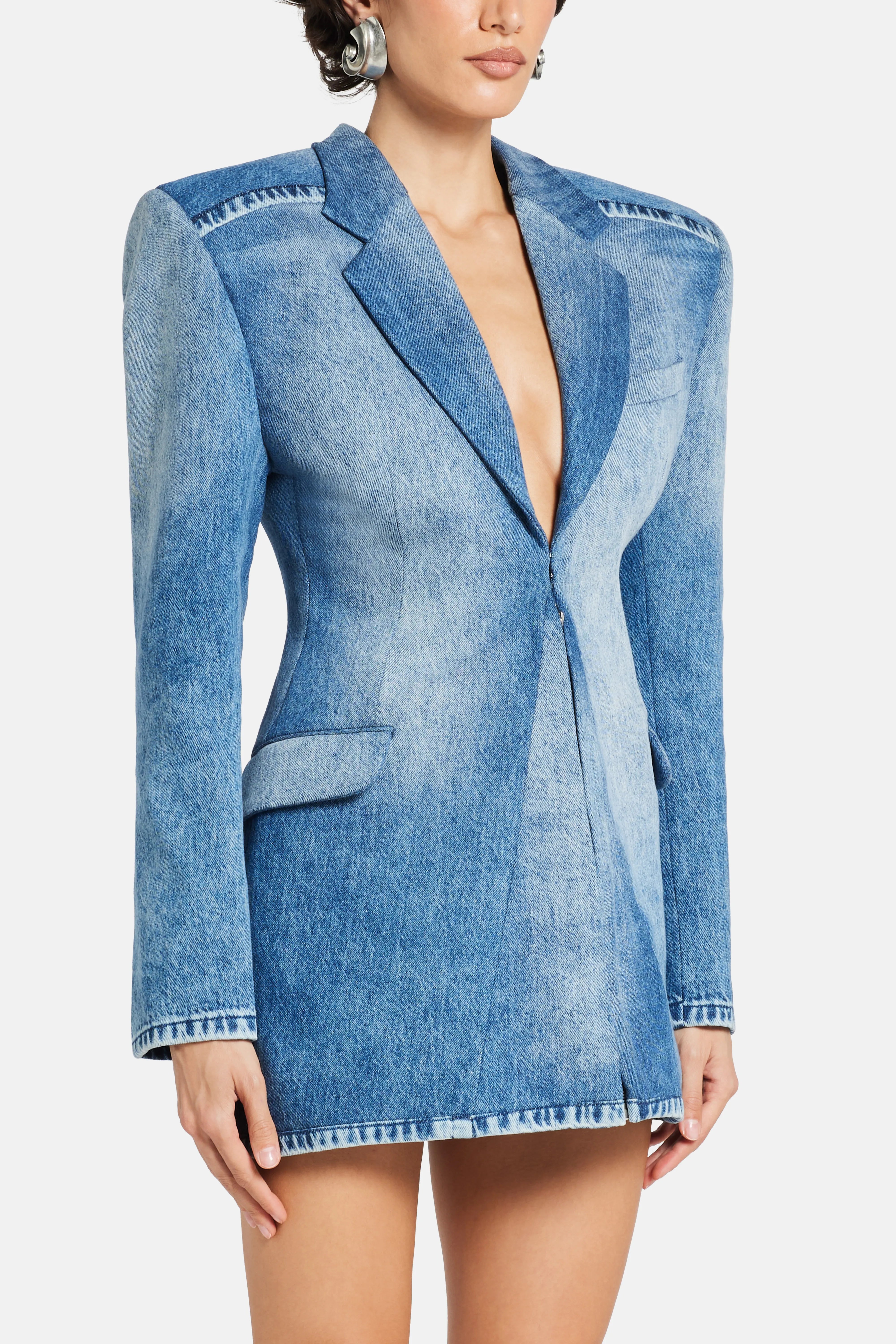 Structured Denim Cotton Blazer Dress in Blue