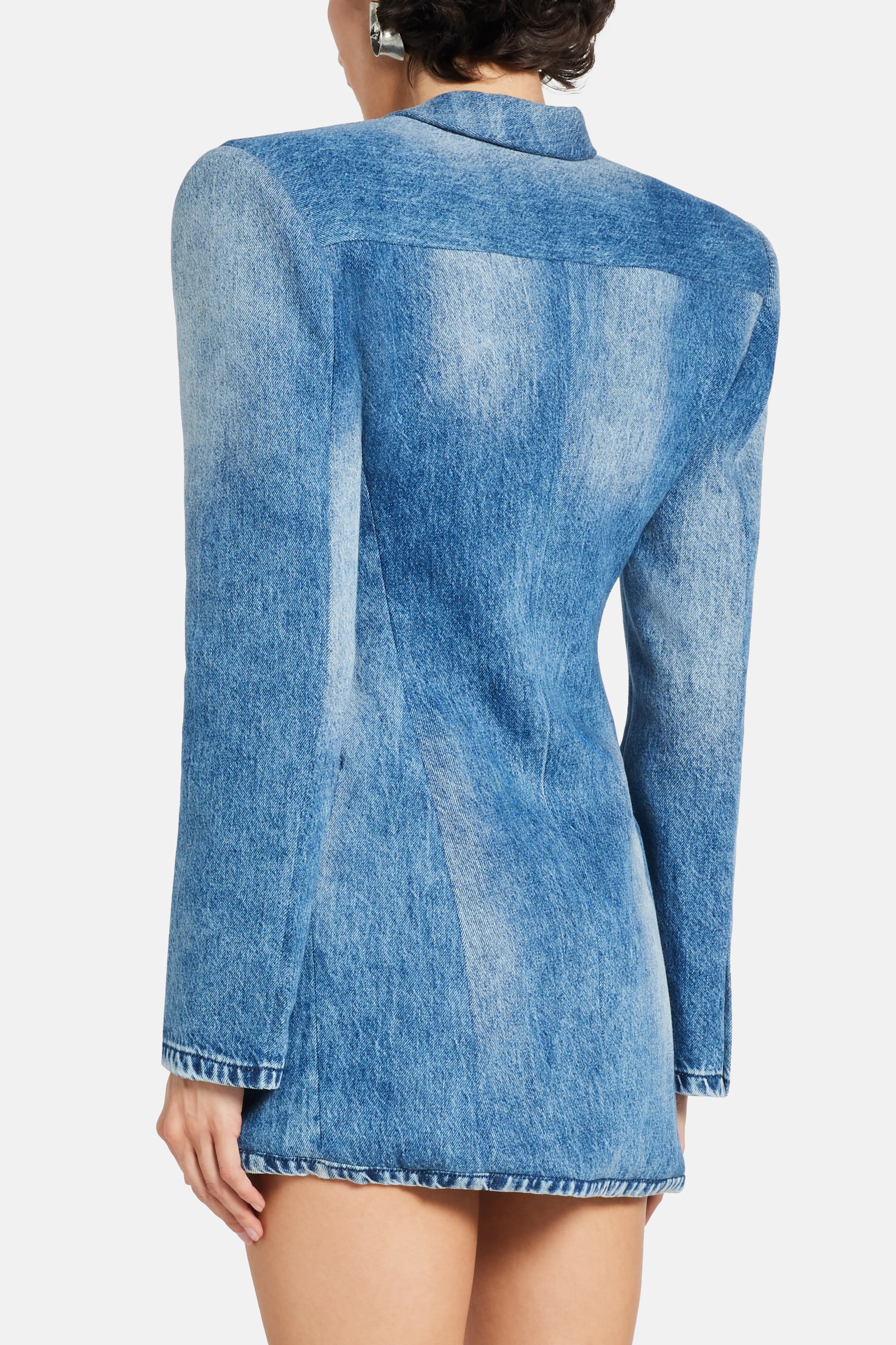 Structured Denim Cotton Blazer Dress in Blue