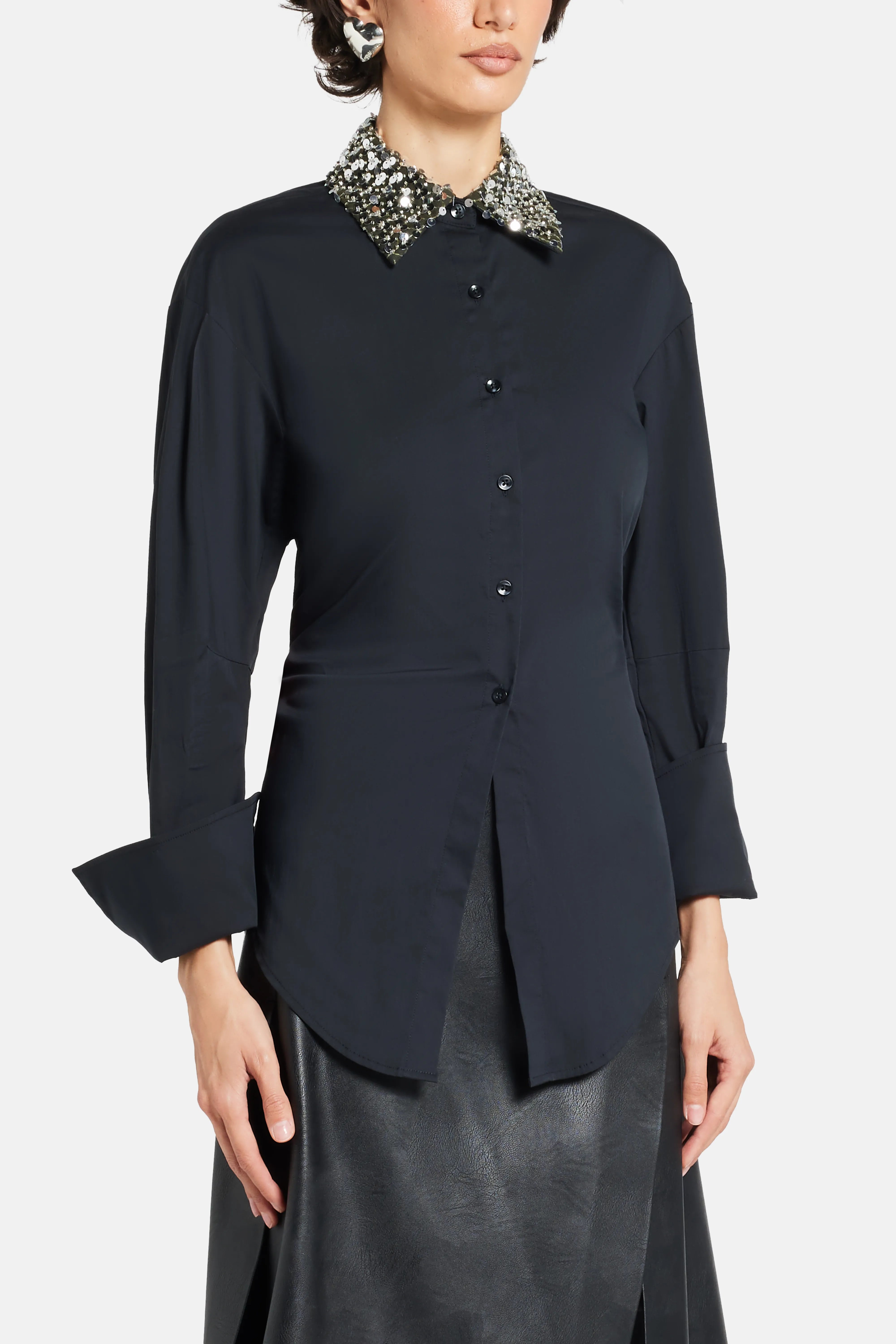 Loch Poplin Button Up Open Bow Back Embellished Collar Cotton Top in Black