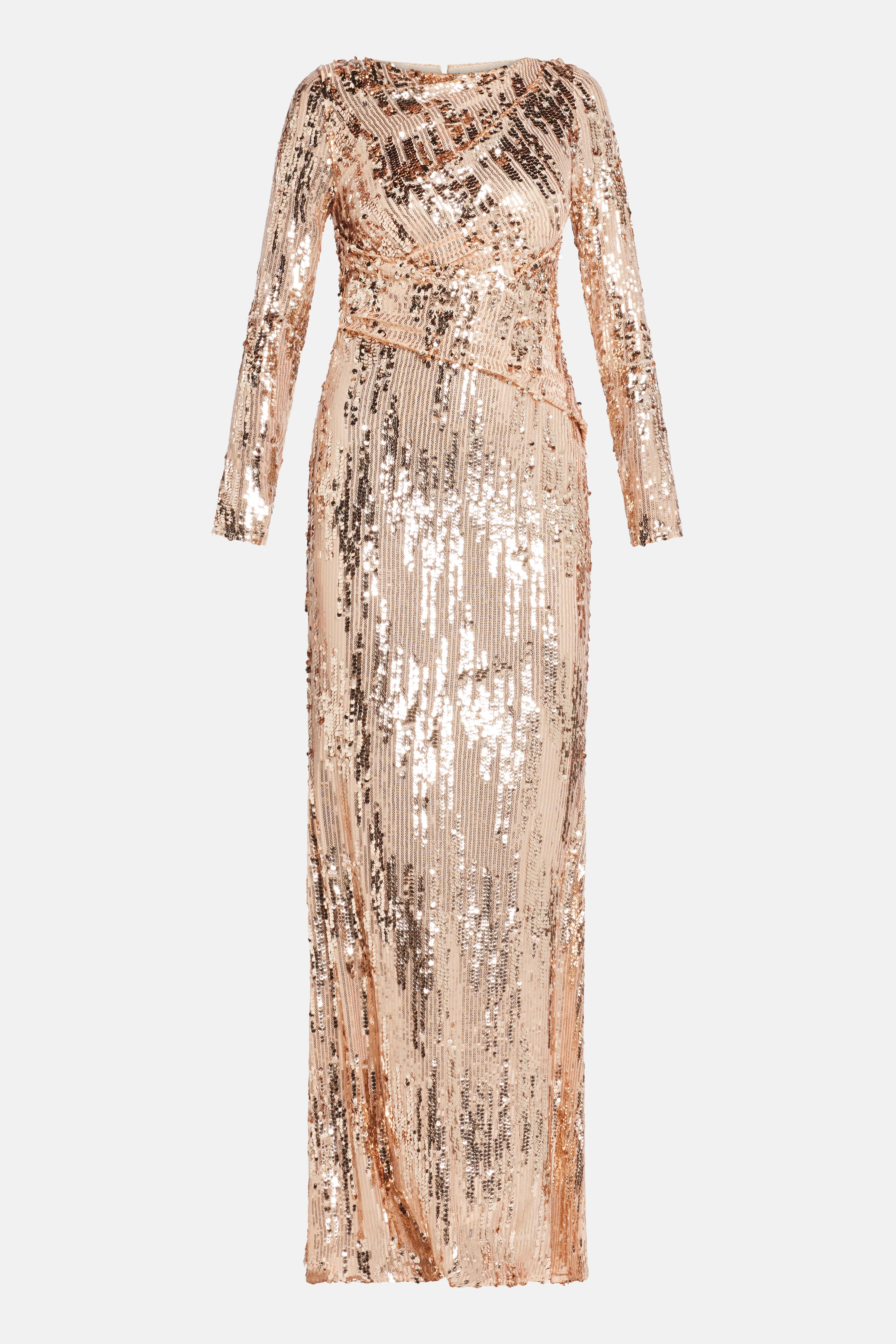 Brush Stroke Sequins Evening Dress in Gold