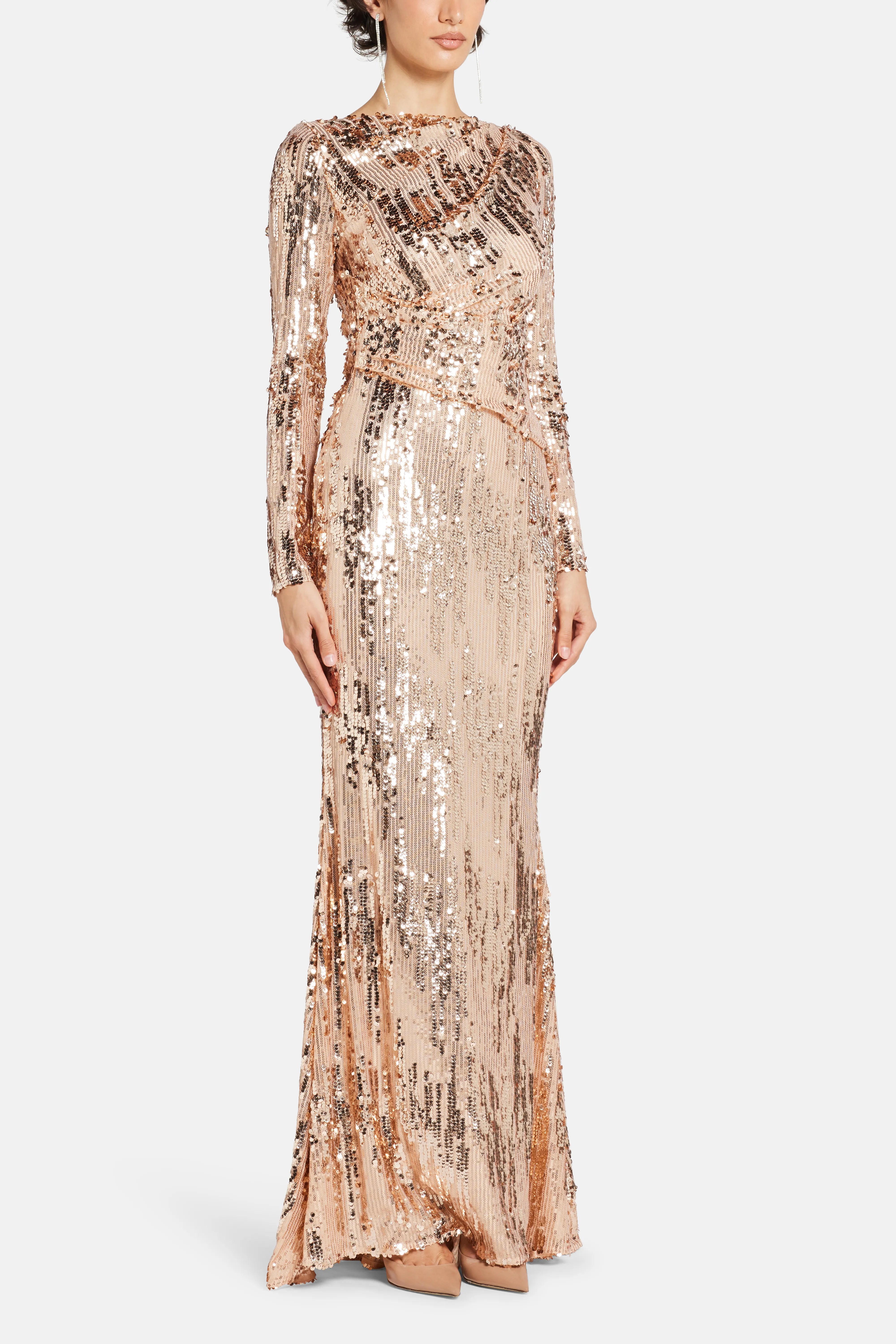 Brush Stroke Sequins Evening Dress in Gold