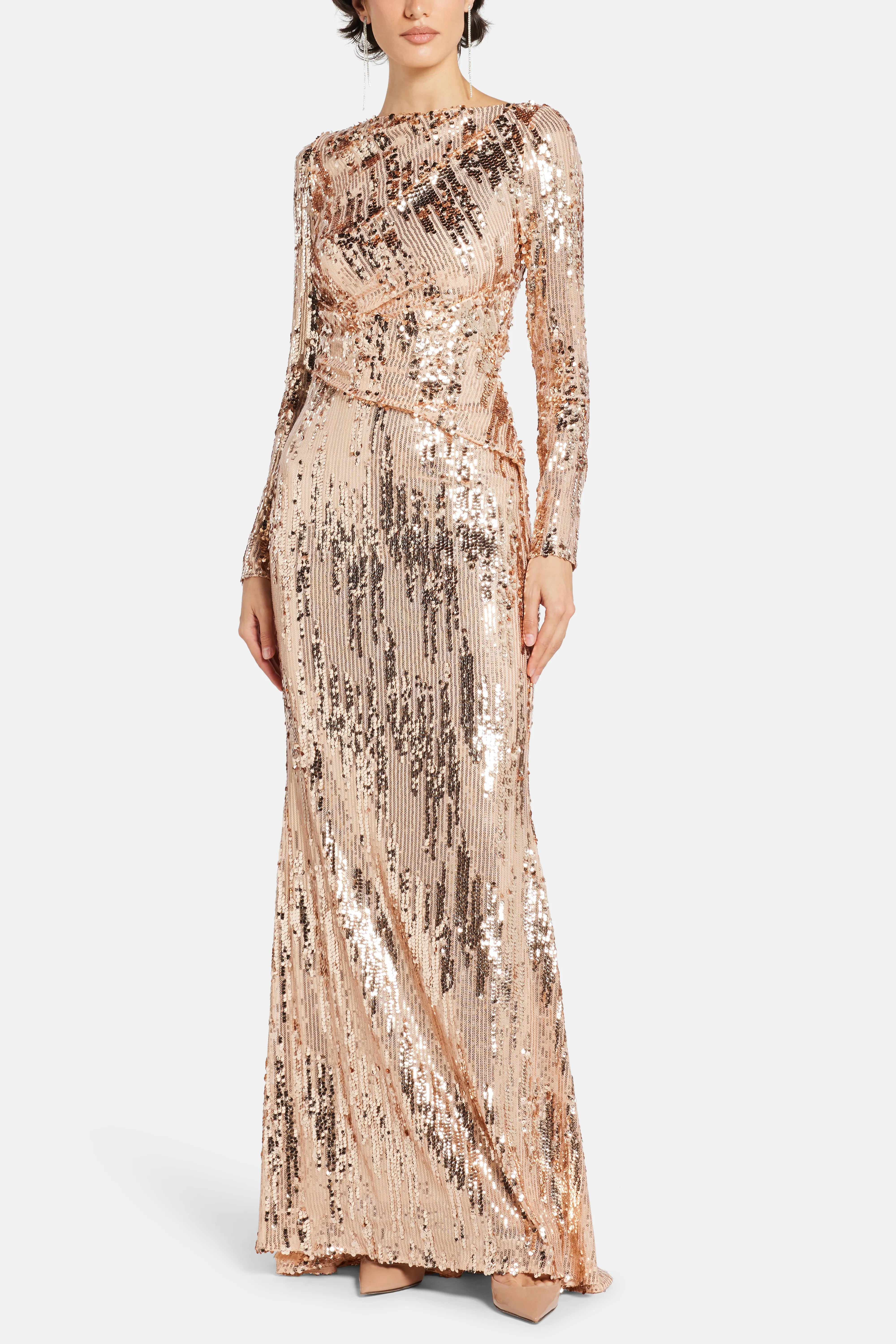 Brush Stroke Sequins Evening Dress in Gold
