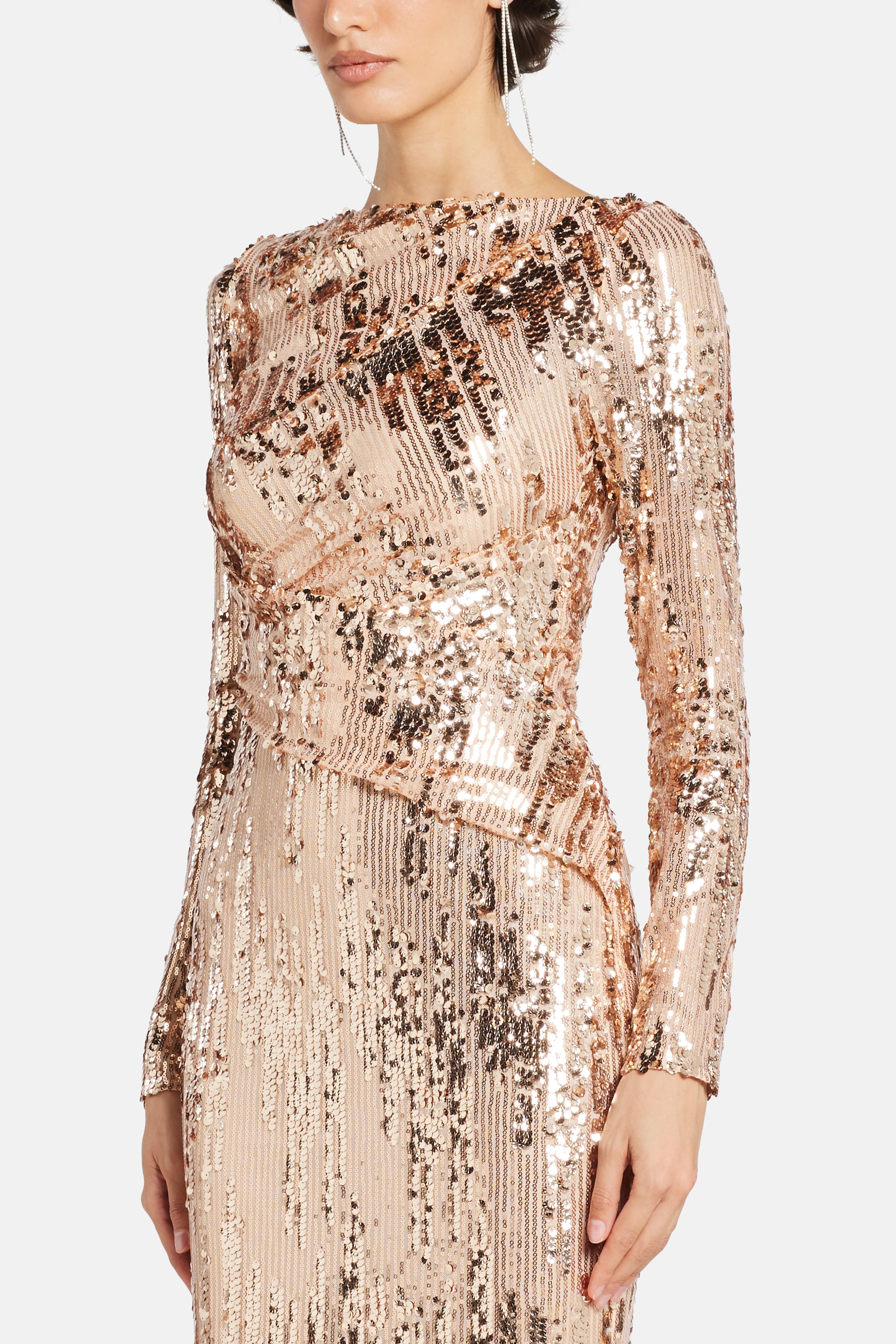 Brush Stroke Sequins Evening Dress in Gold