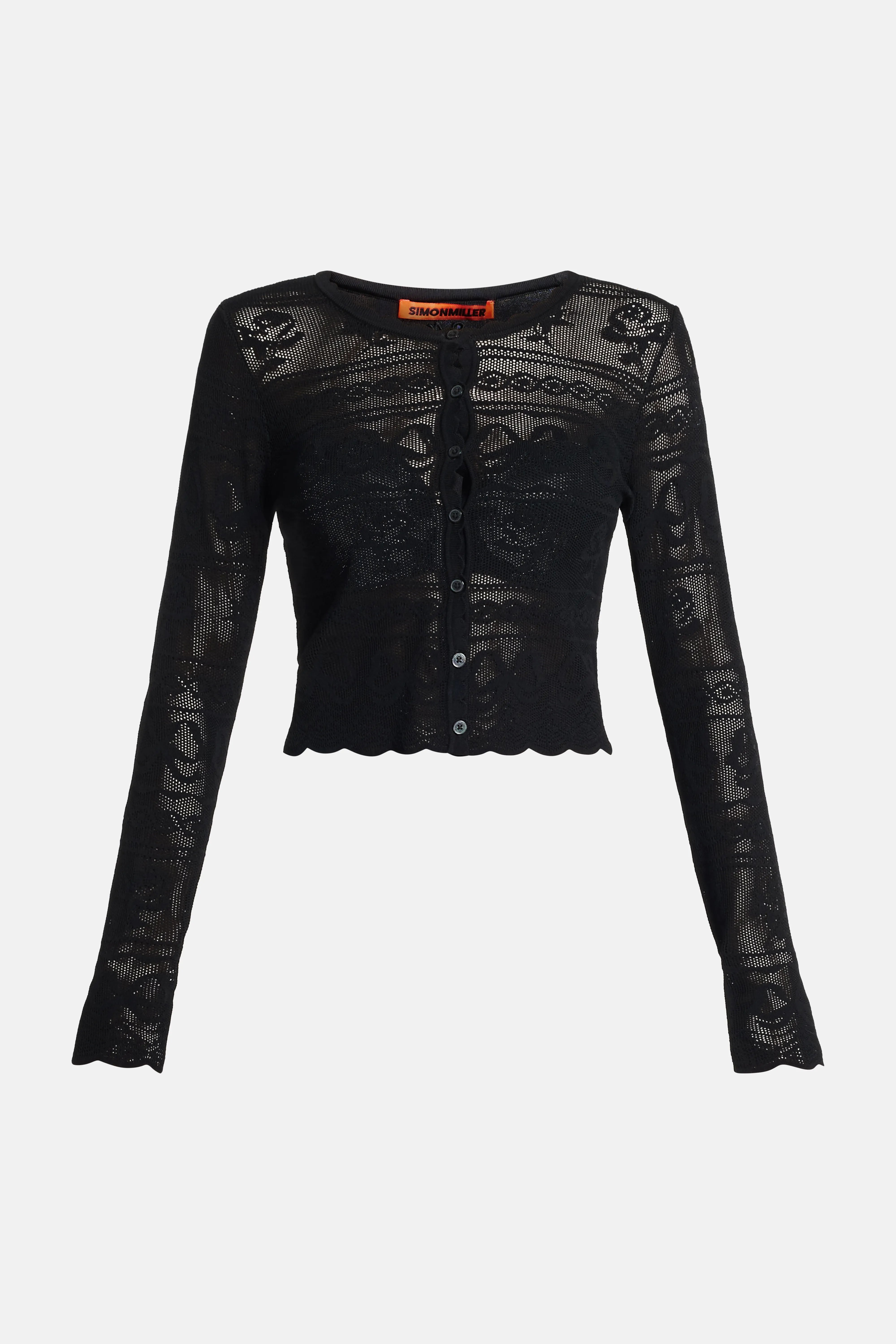 Gretta Bow Flower Pointelle Cropped Cardigan in Black