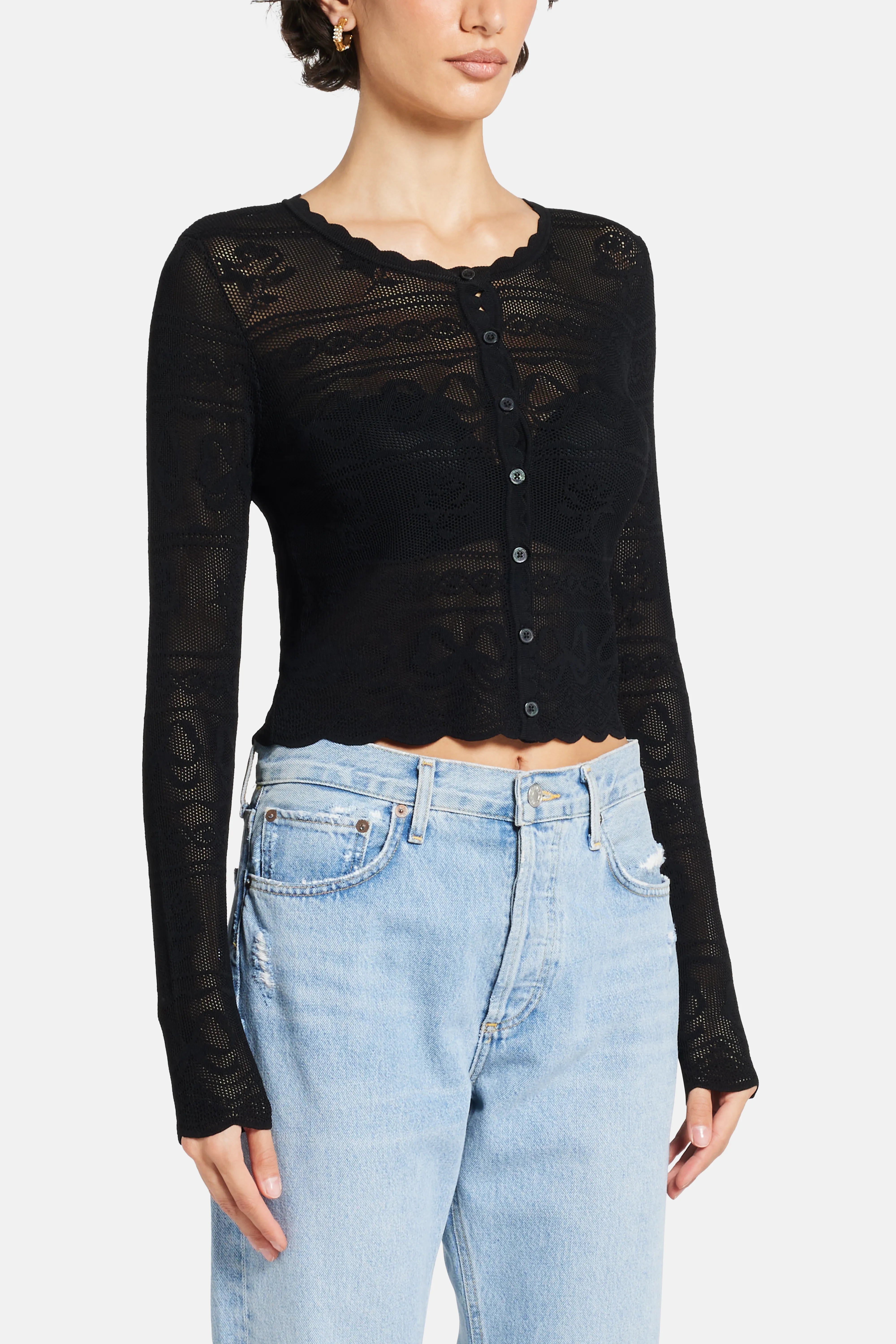 Gretta Bow Flower Pointelle Cropped Cardigan in Black