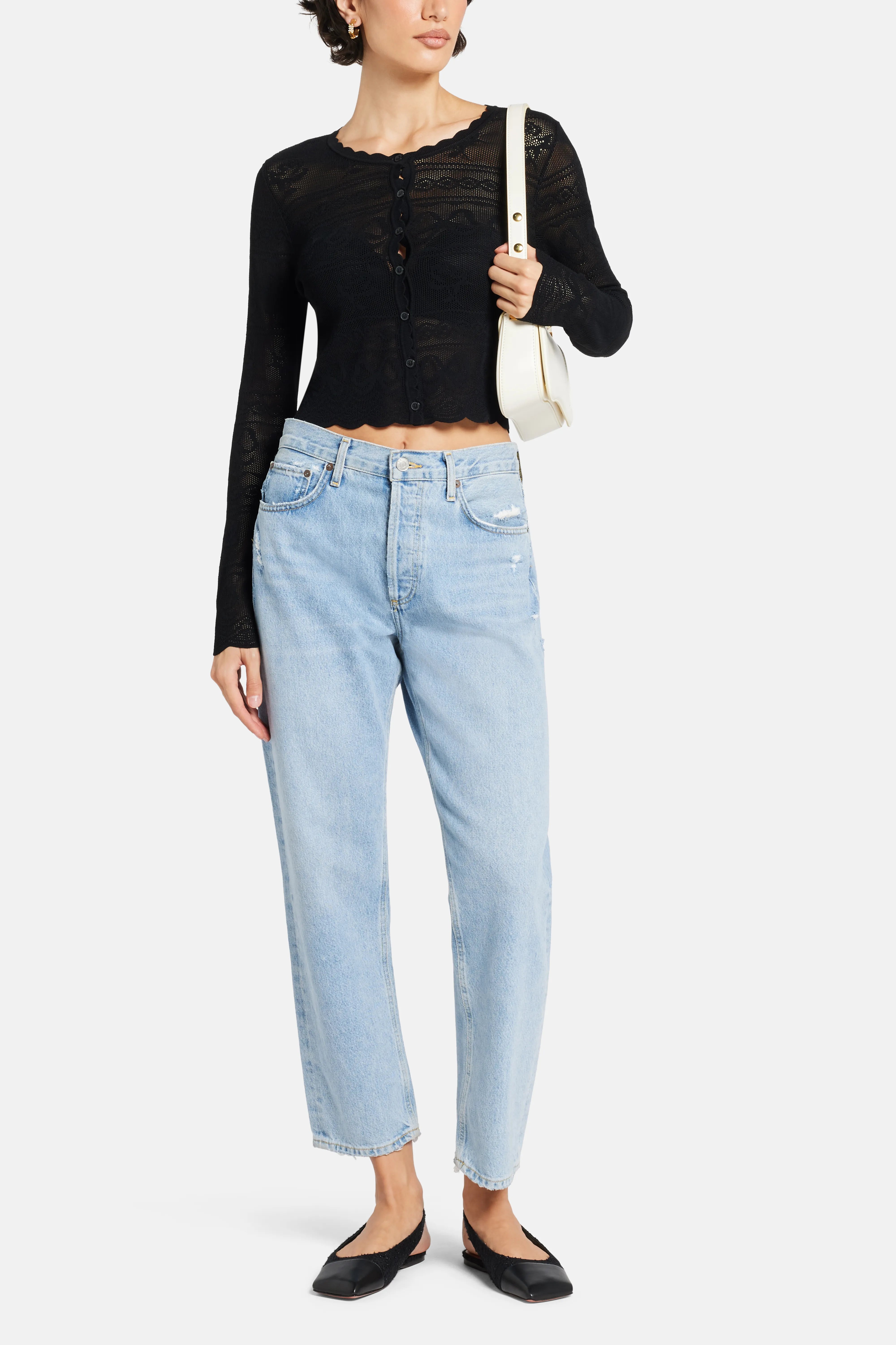 Gretta Bow Flower Pointelle Cropped Cardigan in Black