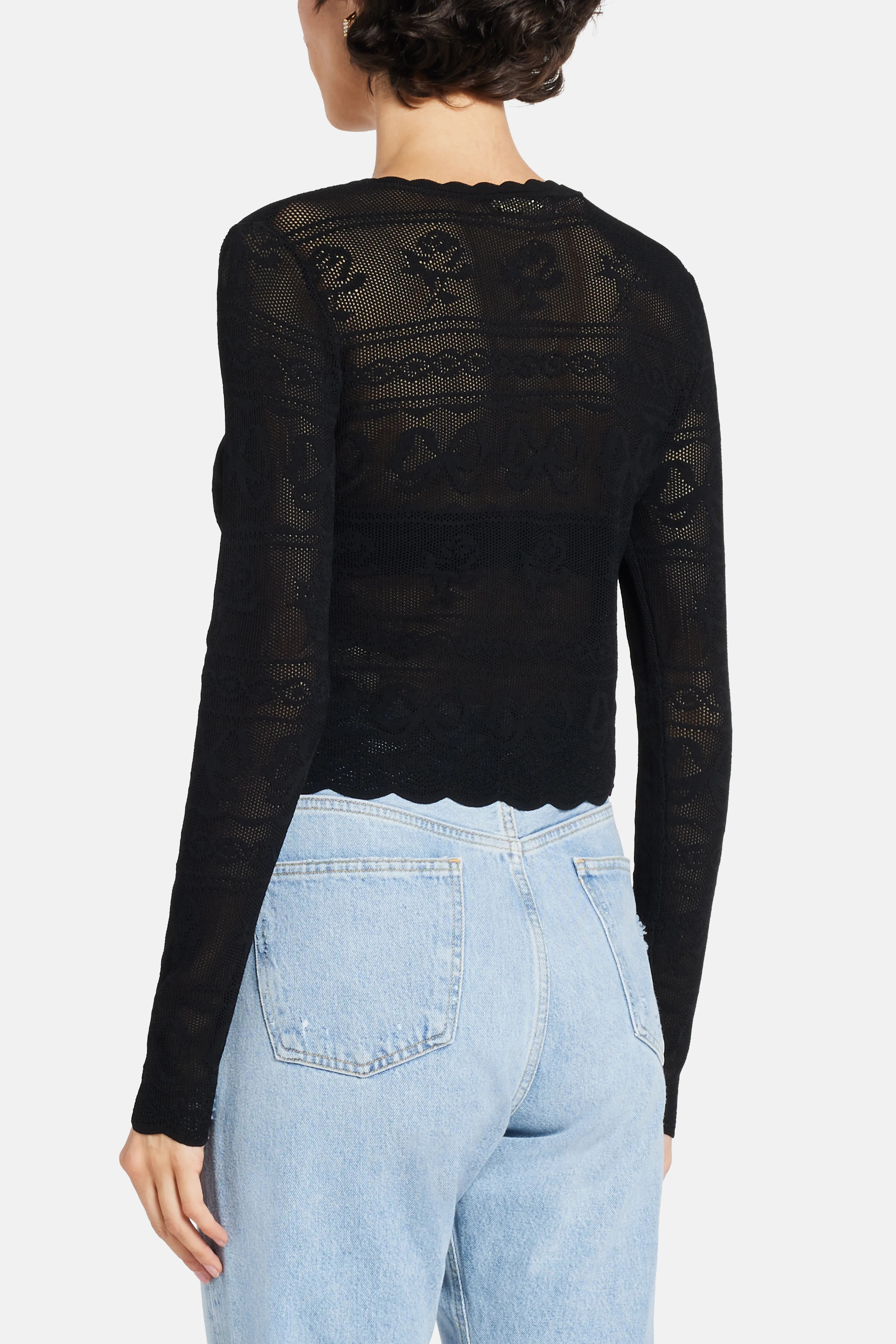 Gretta Bow Flower Pointelle Cropped Cardigan in Black