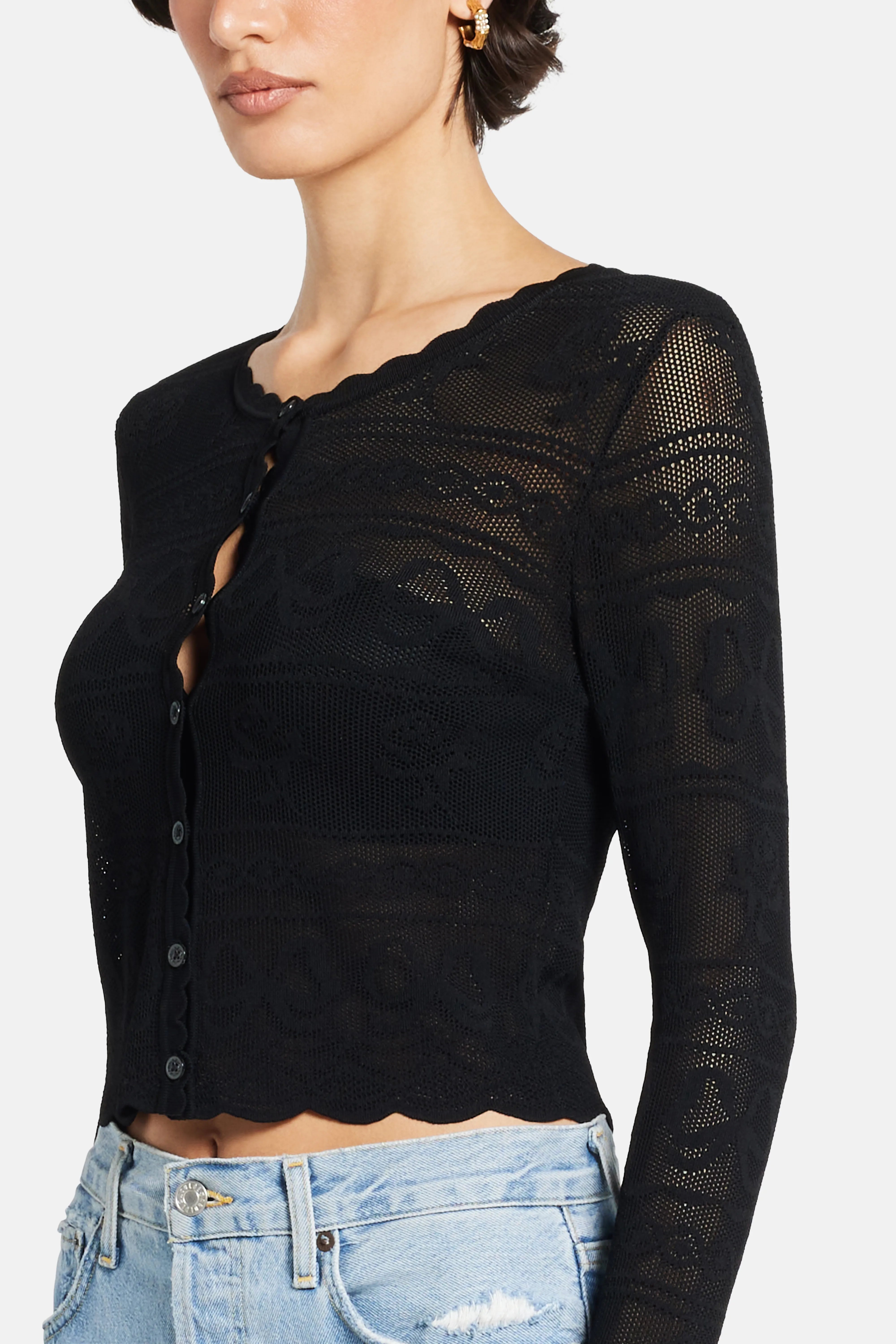 Gretta Bow Flower Pointelle Cropped Cardigan in Black