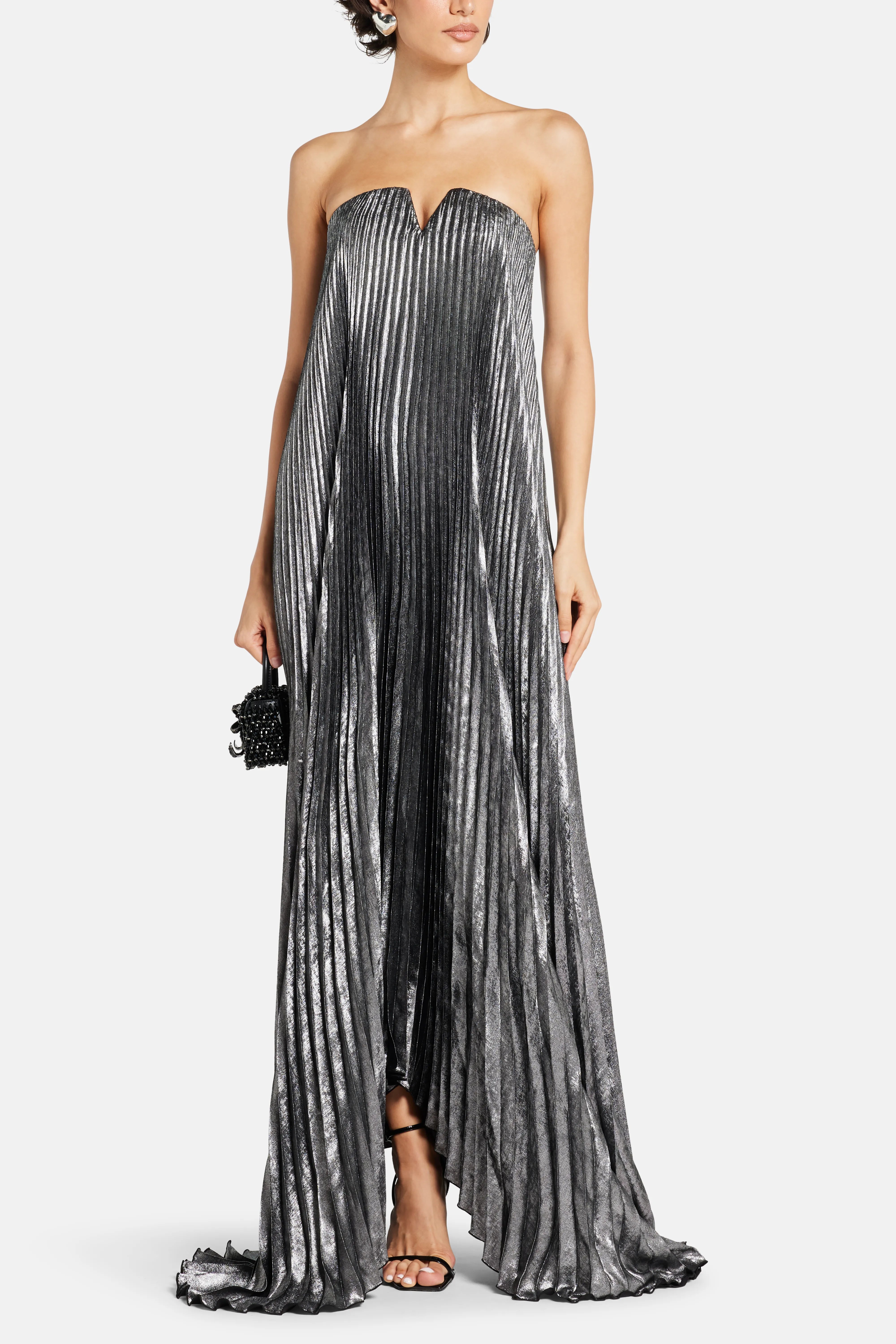 Black Tie Pleated Evening Dress in Silver