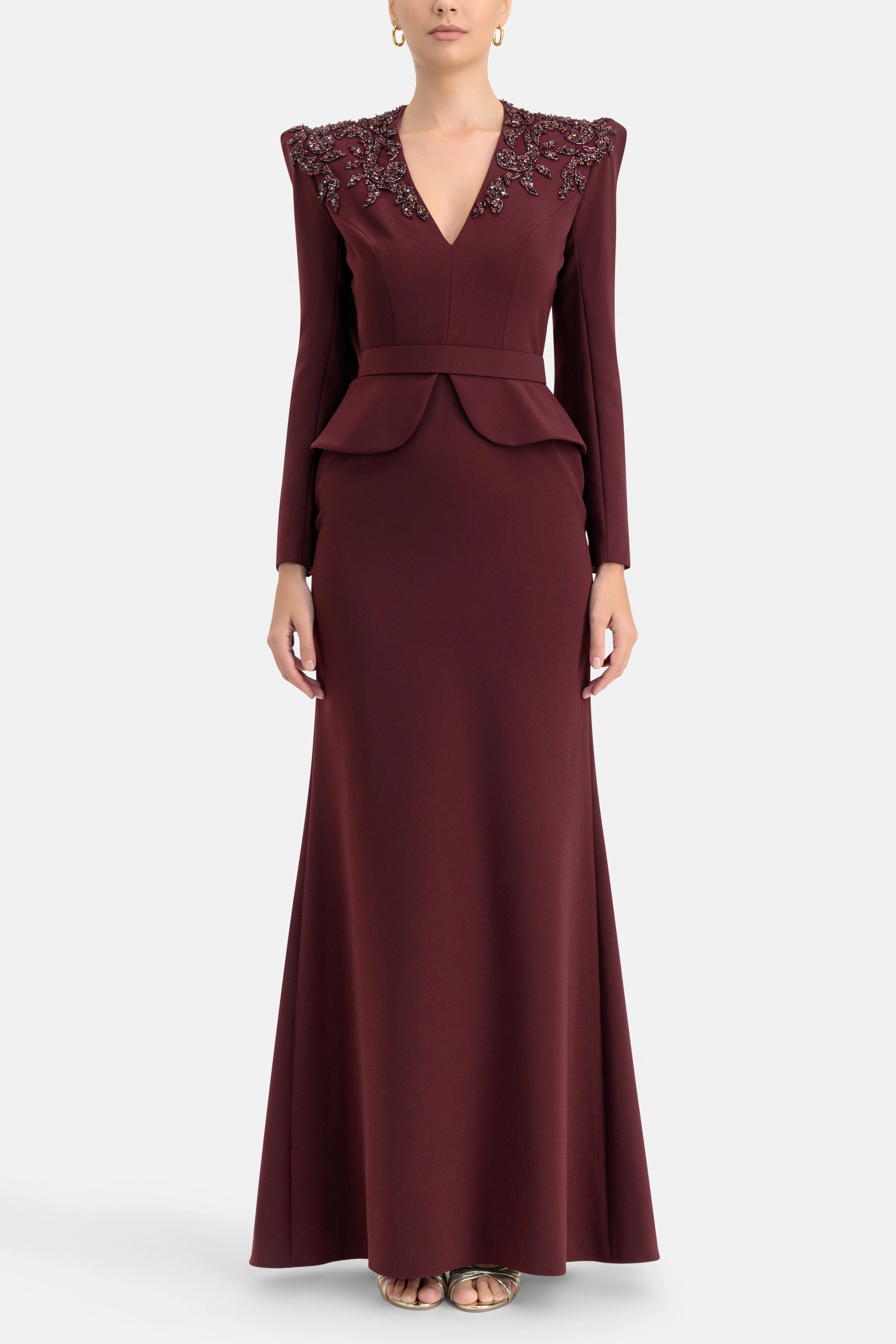 Night Flowering Sequins Belted Evening Dress in Burgundy