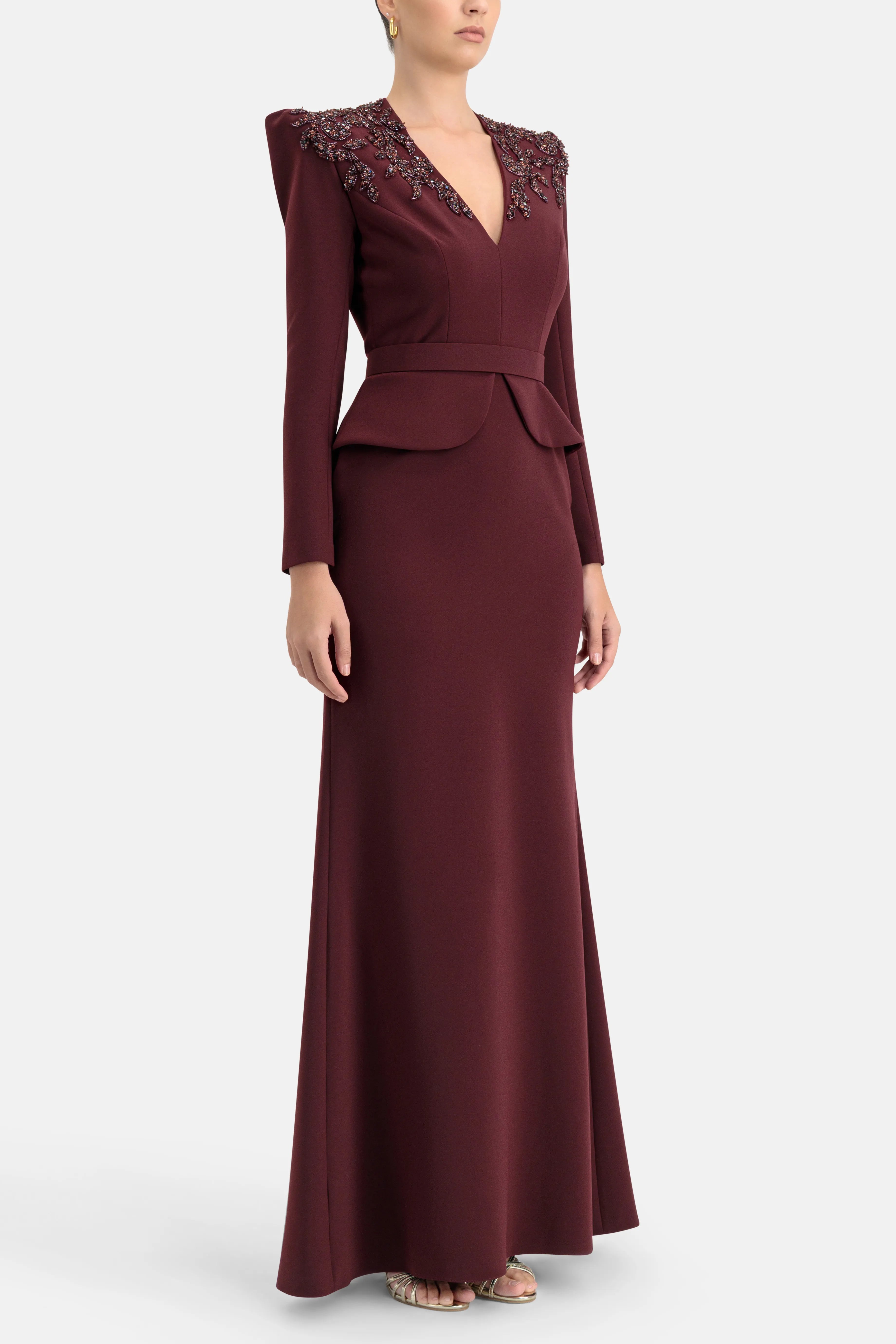 Night Flowering Sequins Belted Evening Dress in Burgundy