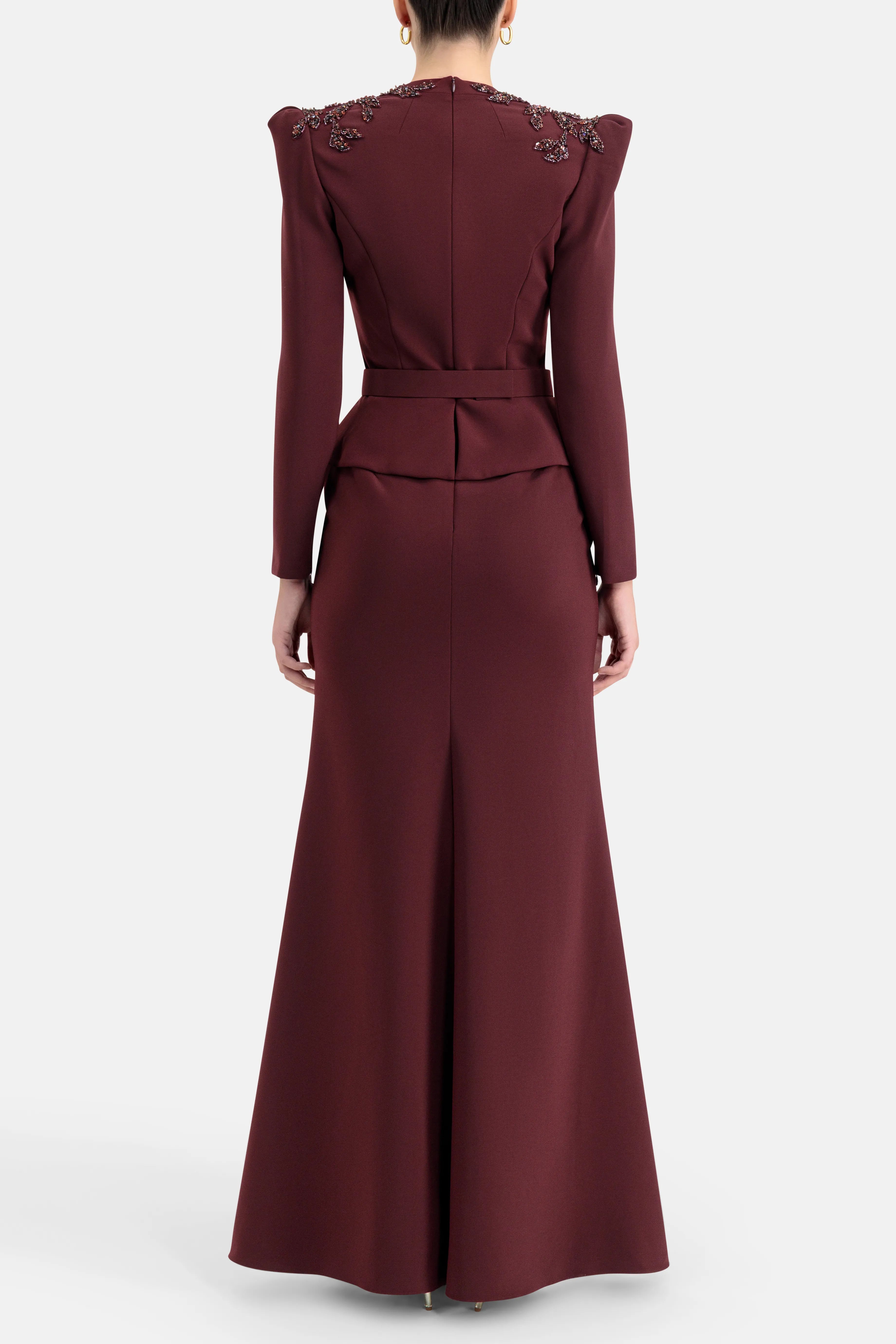 Night Flowering Sequins Belted Evening Dress in Burgundy
