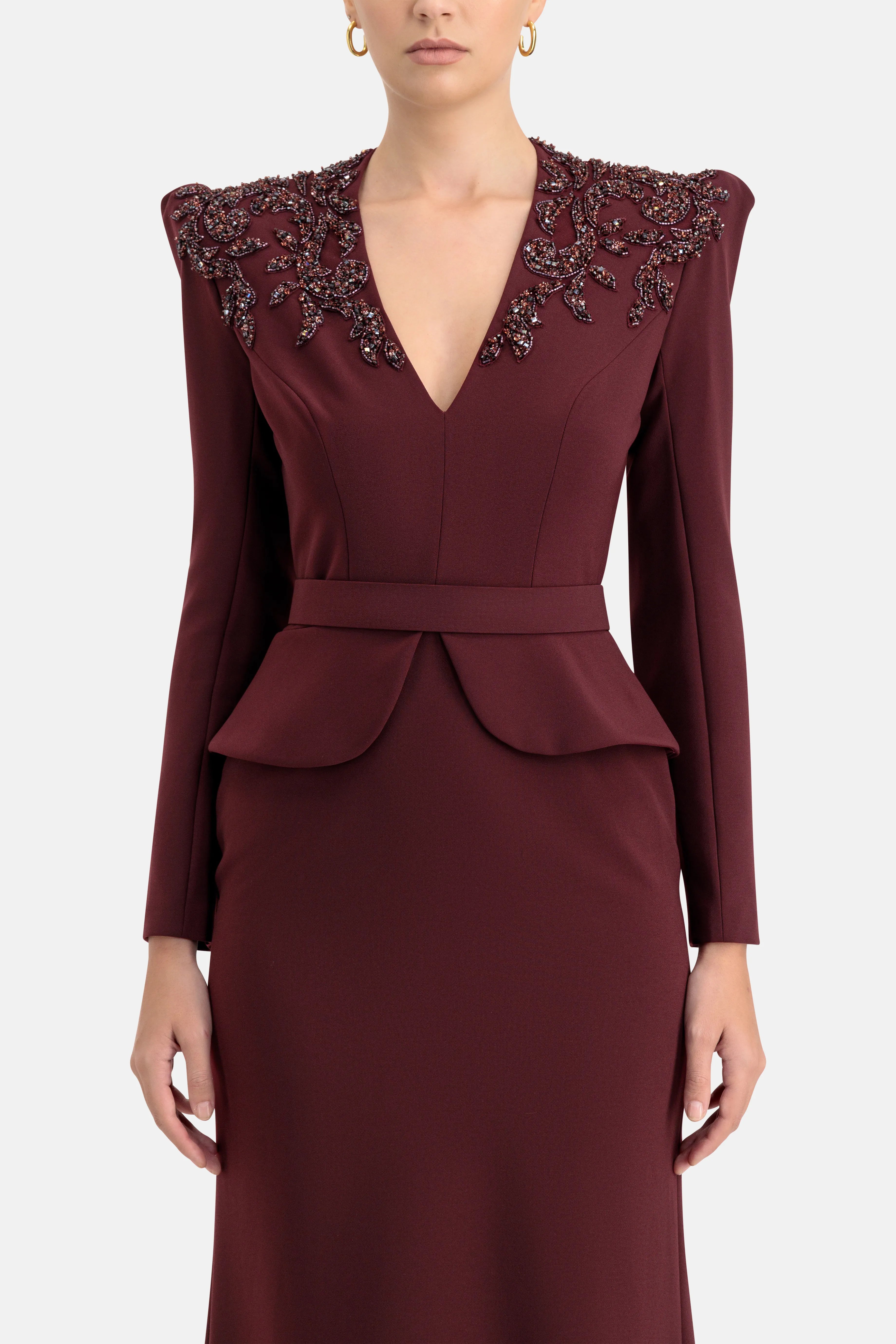 Night Flowering Sequins Belted Evening Dress in Burgundy