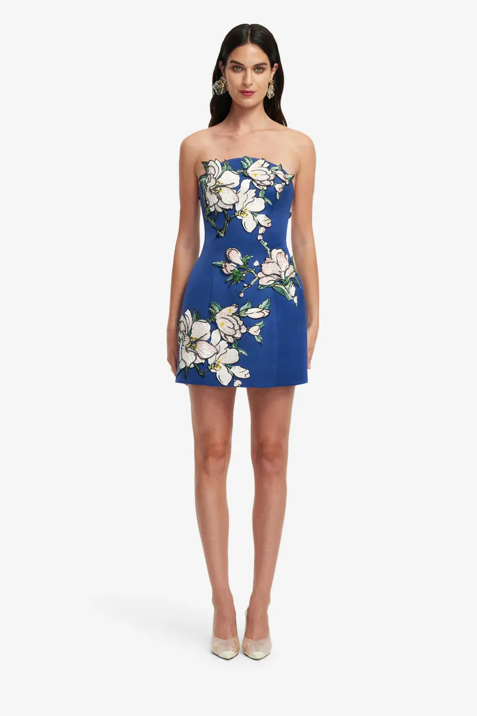 Zaria Floral Applique Bustier Mini Dress in Blue