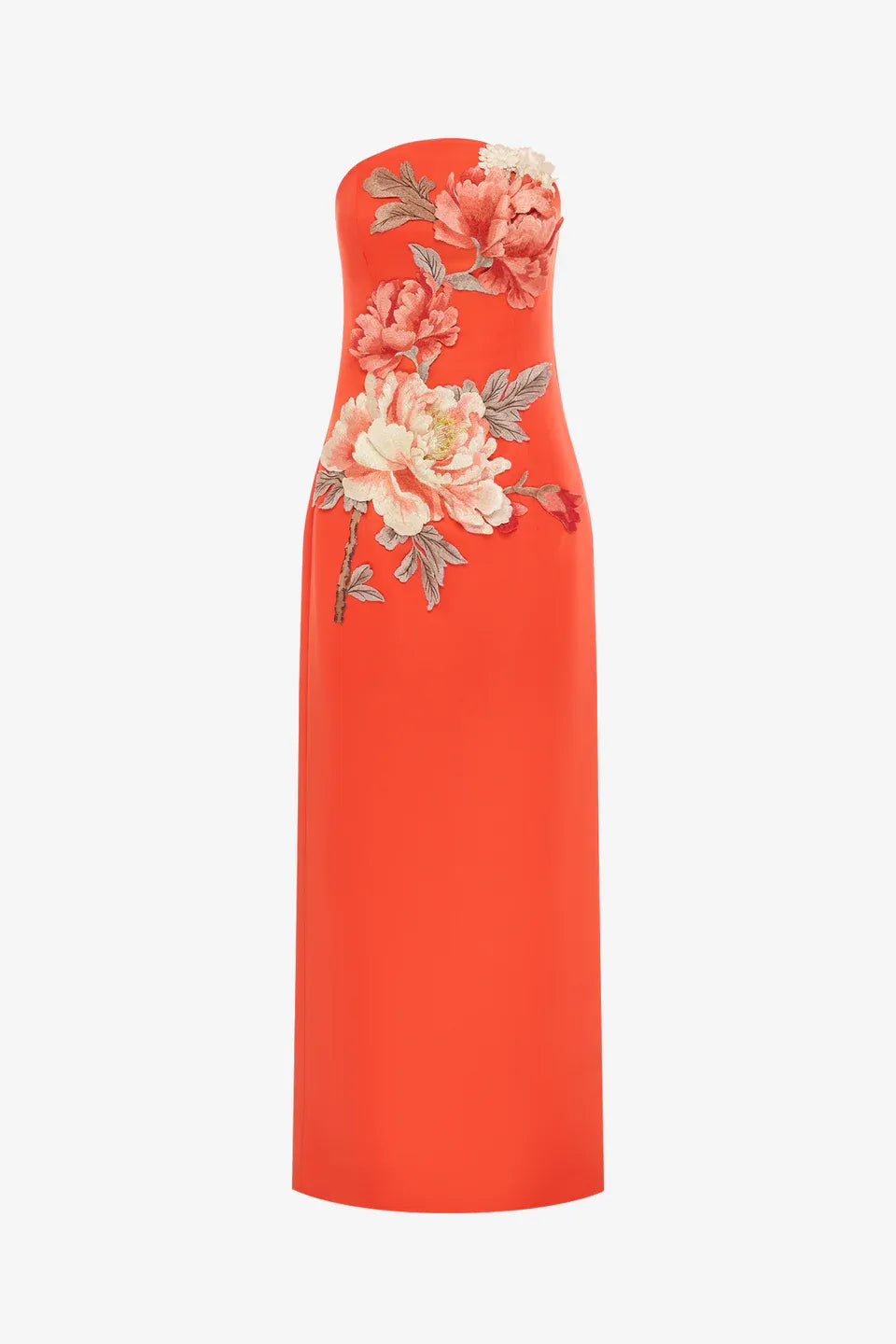 Ava Floral Applique Bustier Maxi Dress in Orange