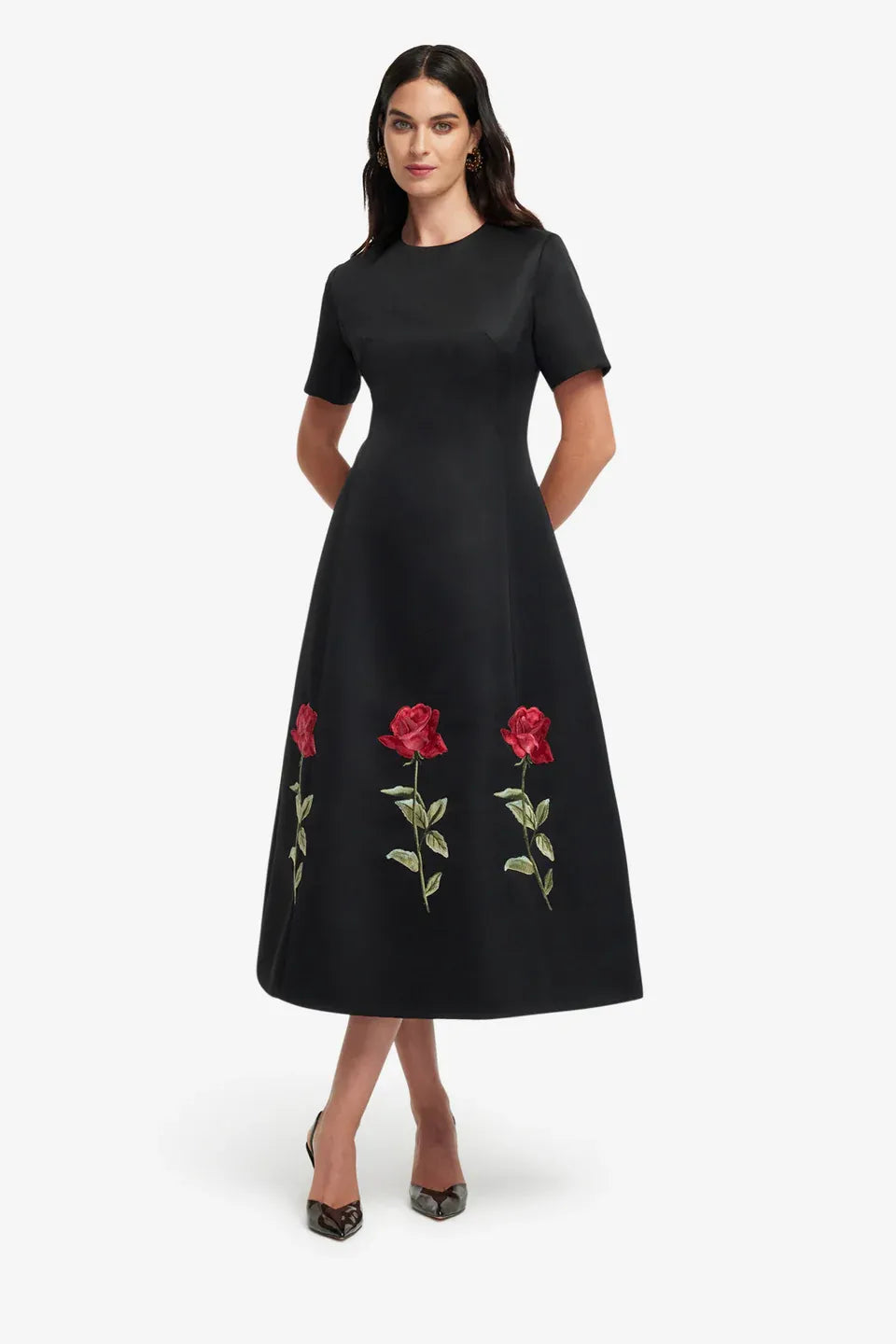 Caroline Embellished Rose Midi Dress in Black