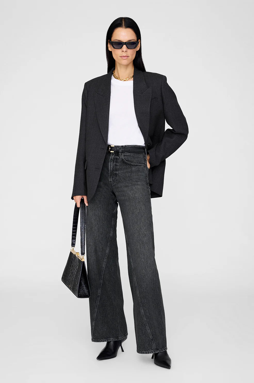 Brie Washed Denim Cotton Flared Jeans in Black