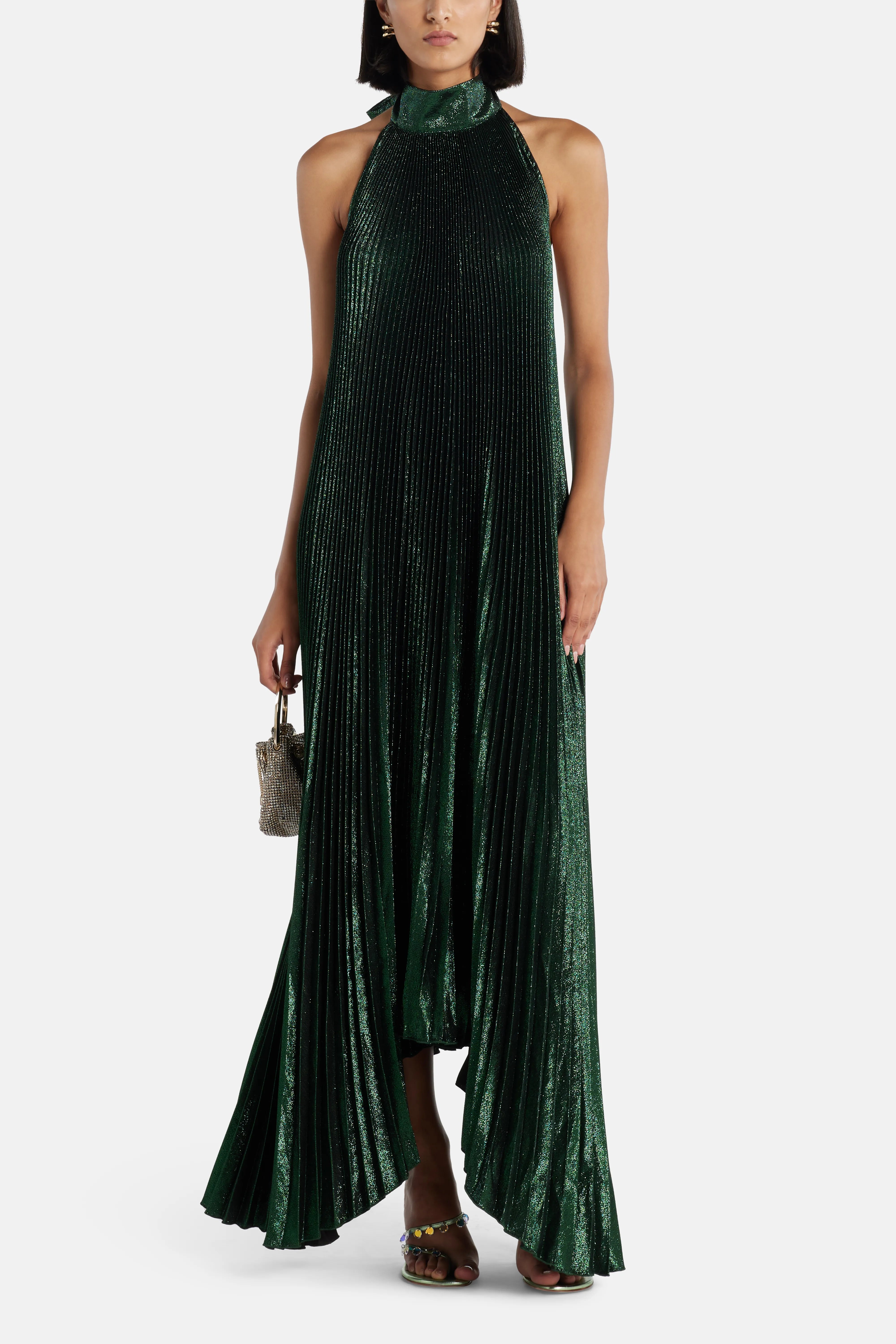 Olympia Shimmer Pleated Sleeveless Evening Dress in Green
