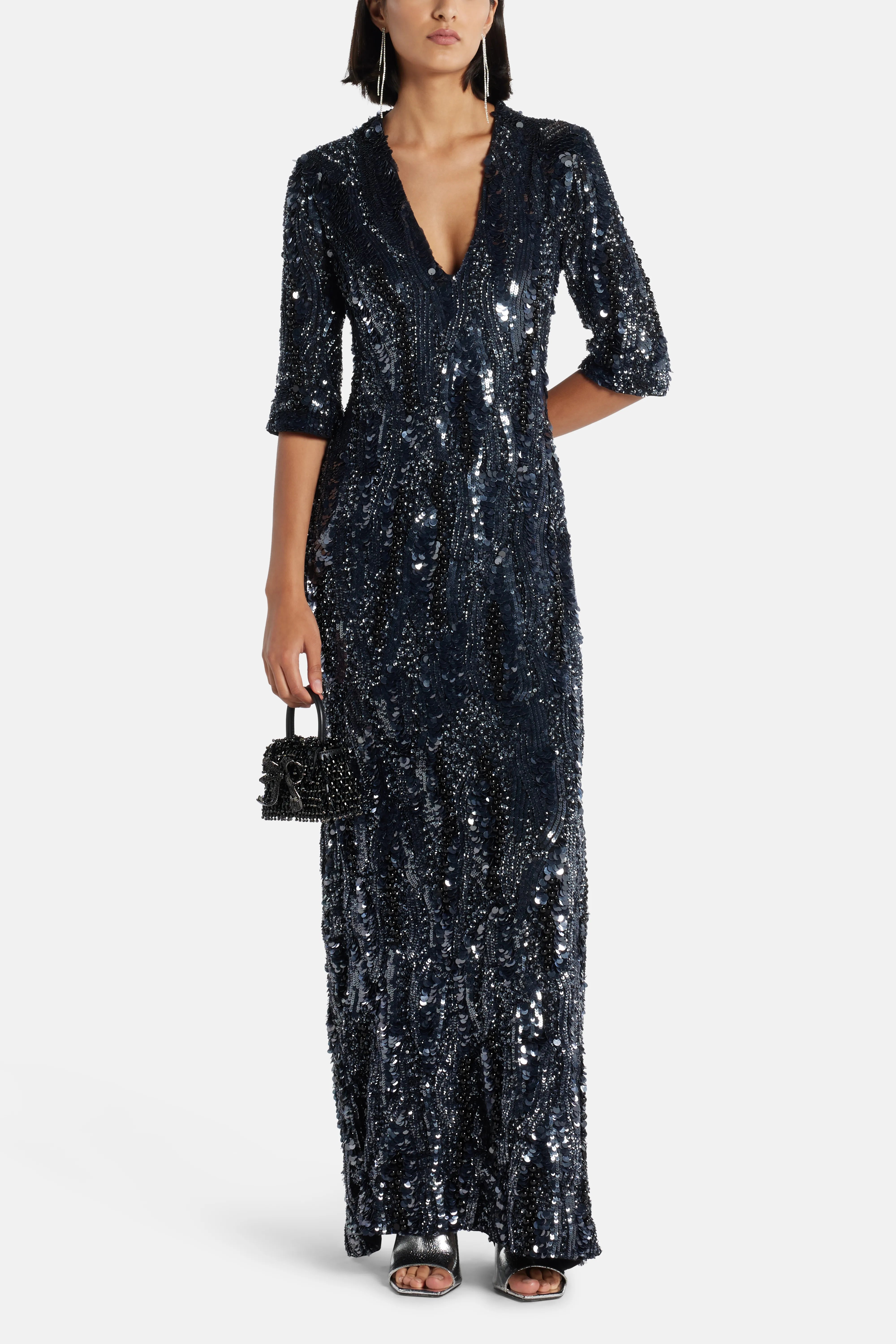 Allegra Sequin V Neck Evening Dress in Black
