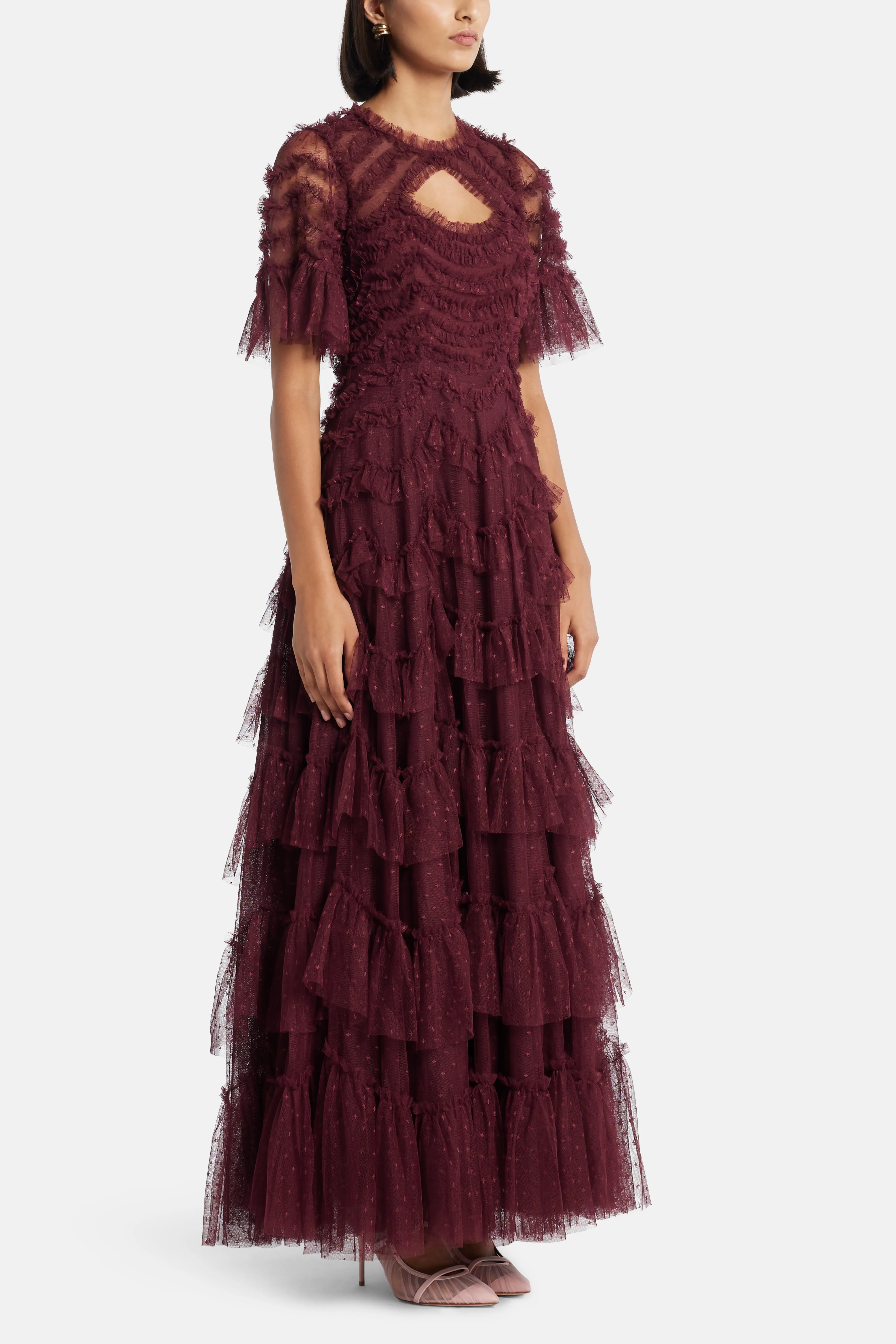 Aviana Ruffles Cut Out Evening Dress in Maroon