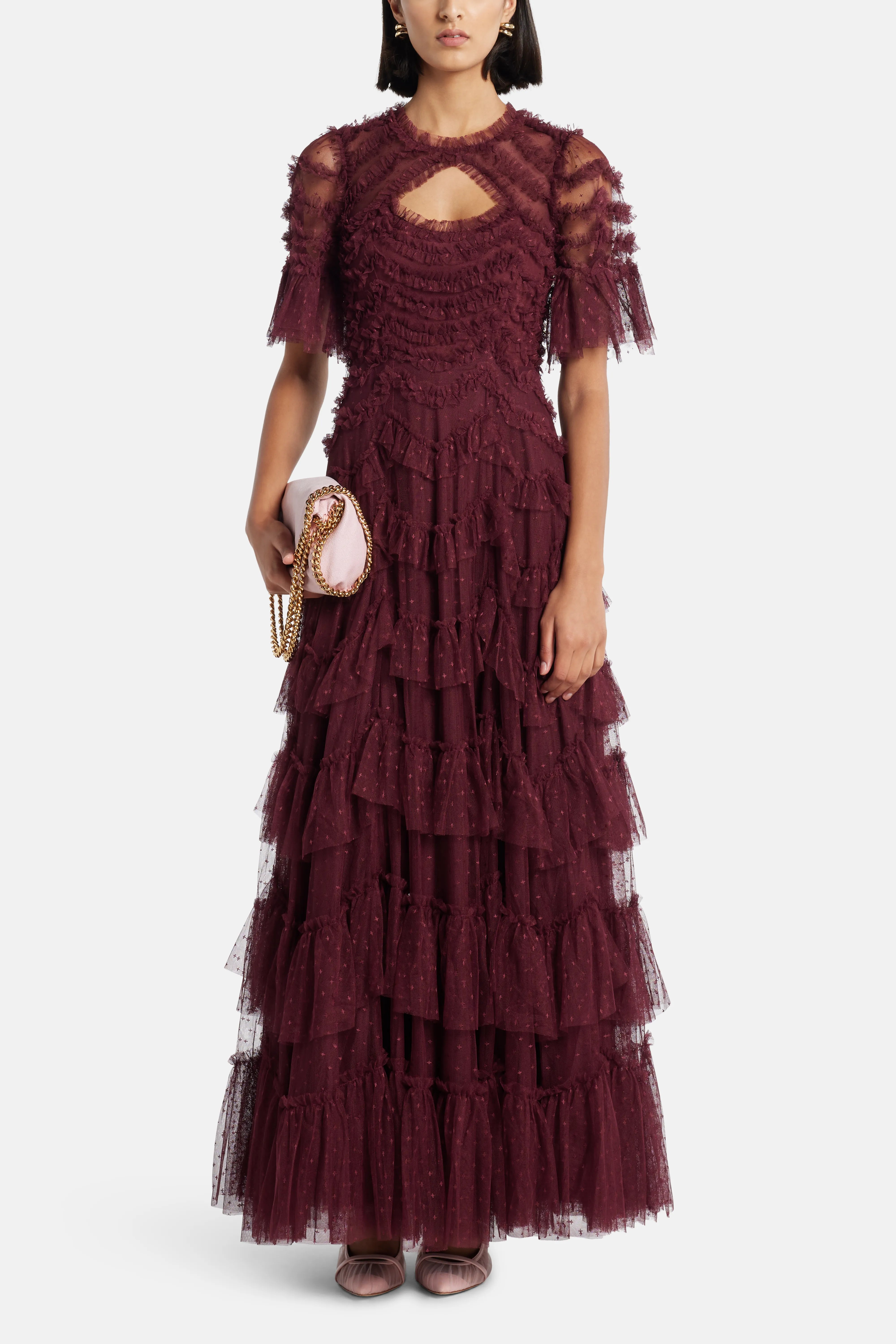 Aviana Ruffles Cut Out Evening Dress in Maroon