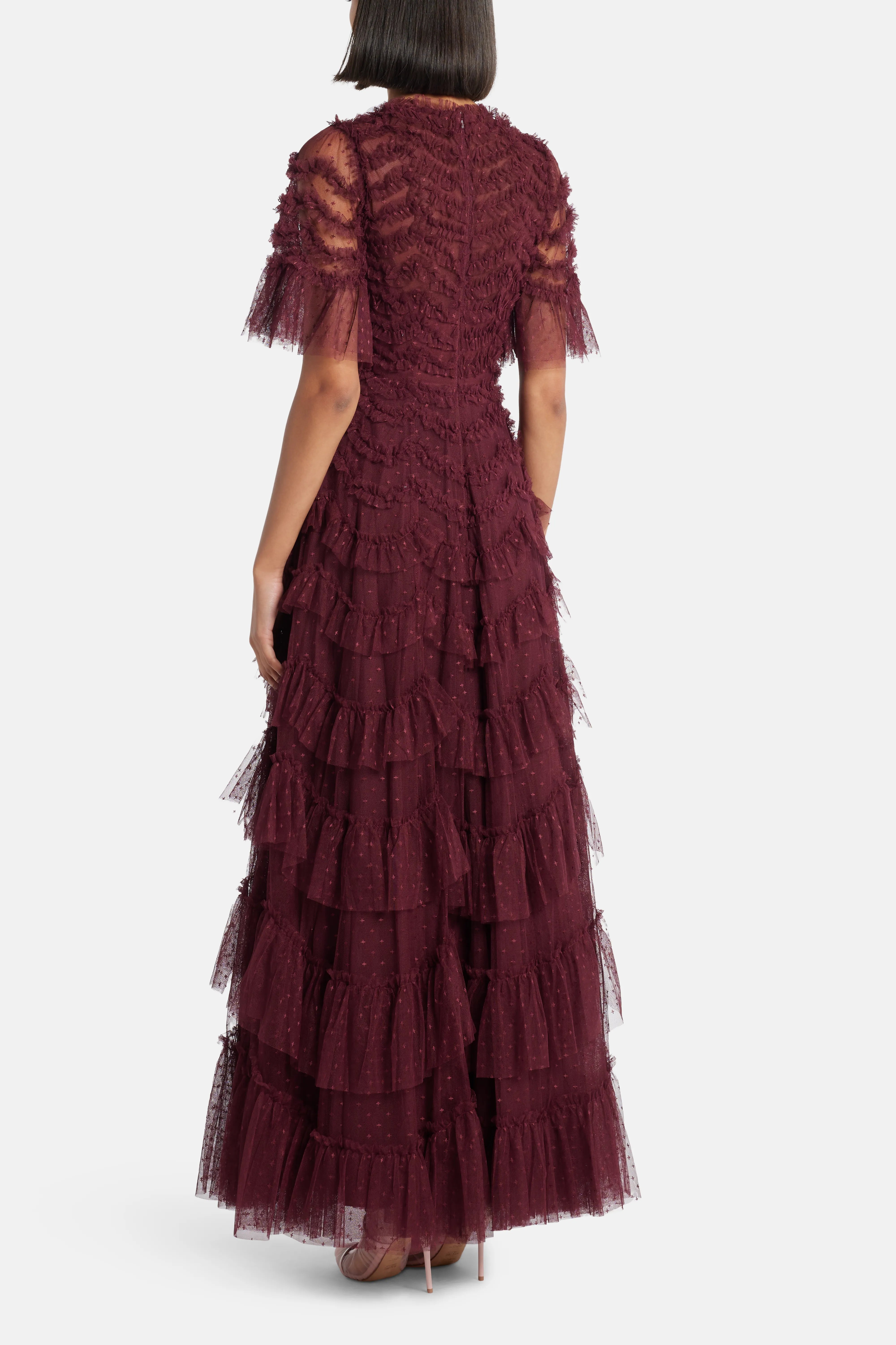Aviana Ruffles Cut Out Evening Dress in Maroon