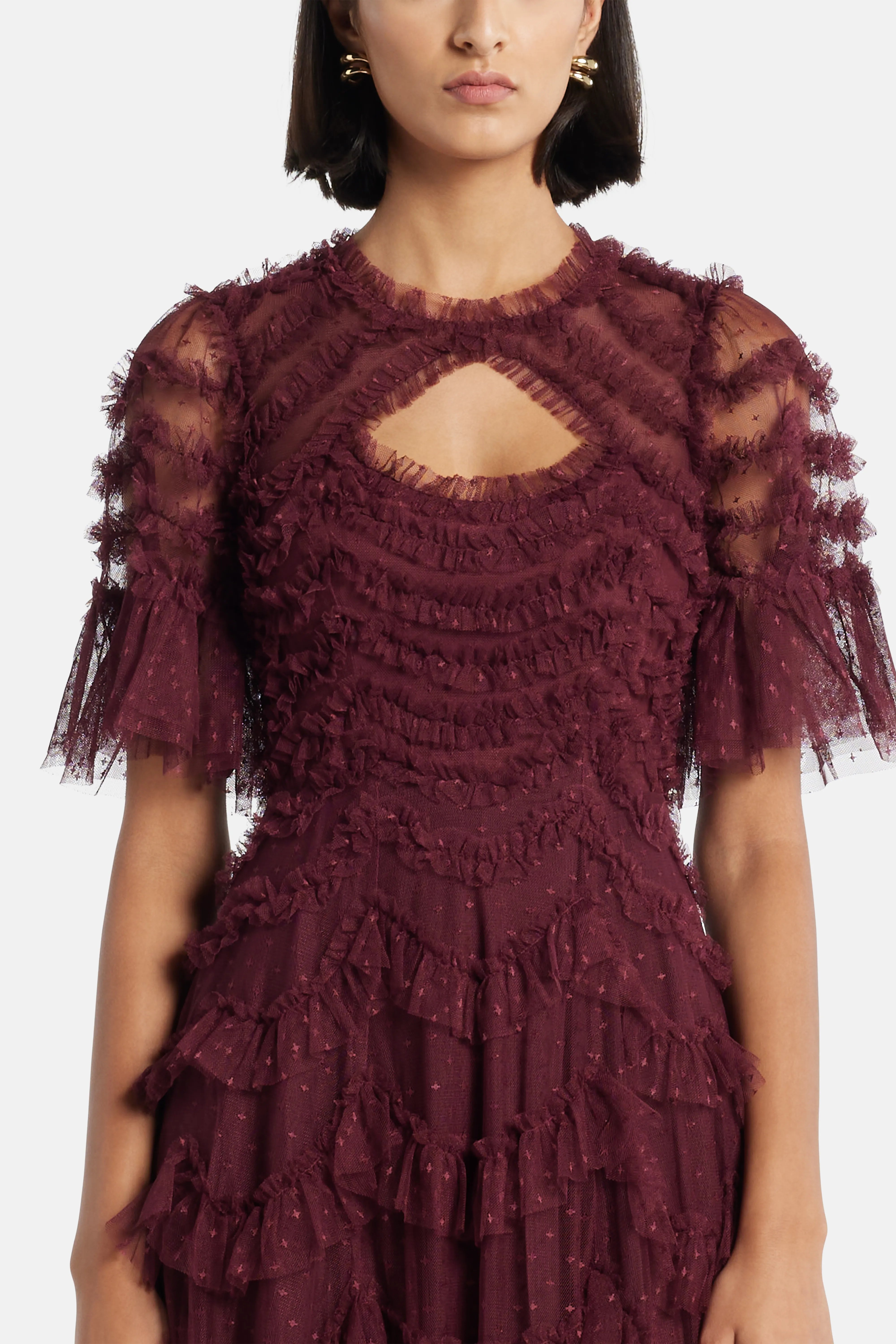 Aviana Ruffles Cut Out Evening Dress in Maroon