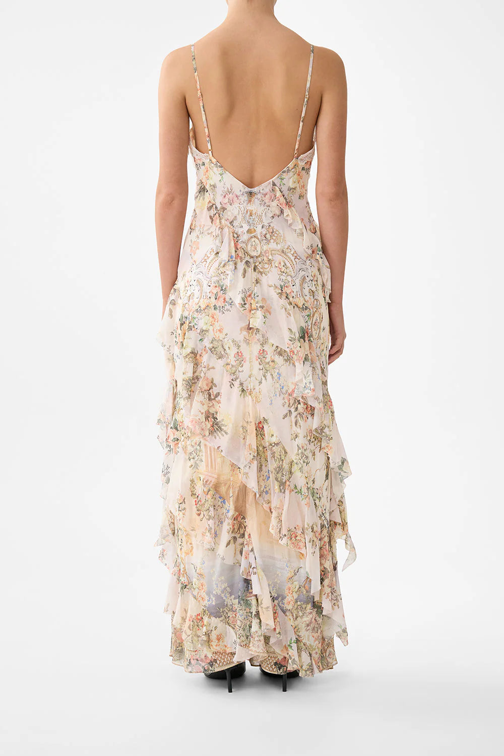 Twilight in Istanbul Sleeveless Asymmetrical Ruffle Floral Slip Silk Maxi Dress in Beige