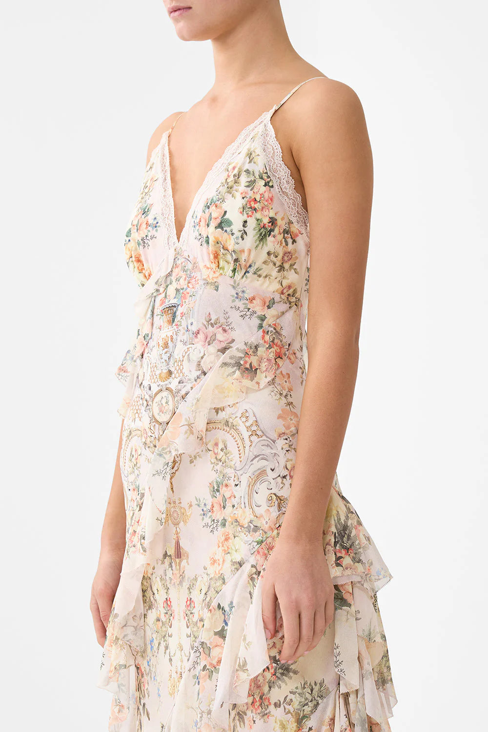 Twilight in Istanbul Sleeveless Asymmetrical Ruffle Floral Slip Silk Maxi Dress in Beige