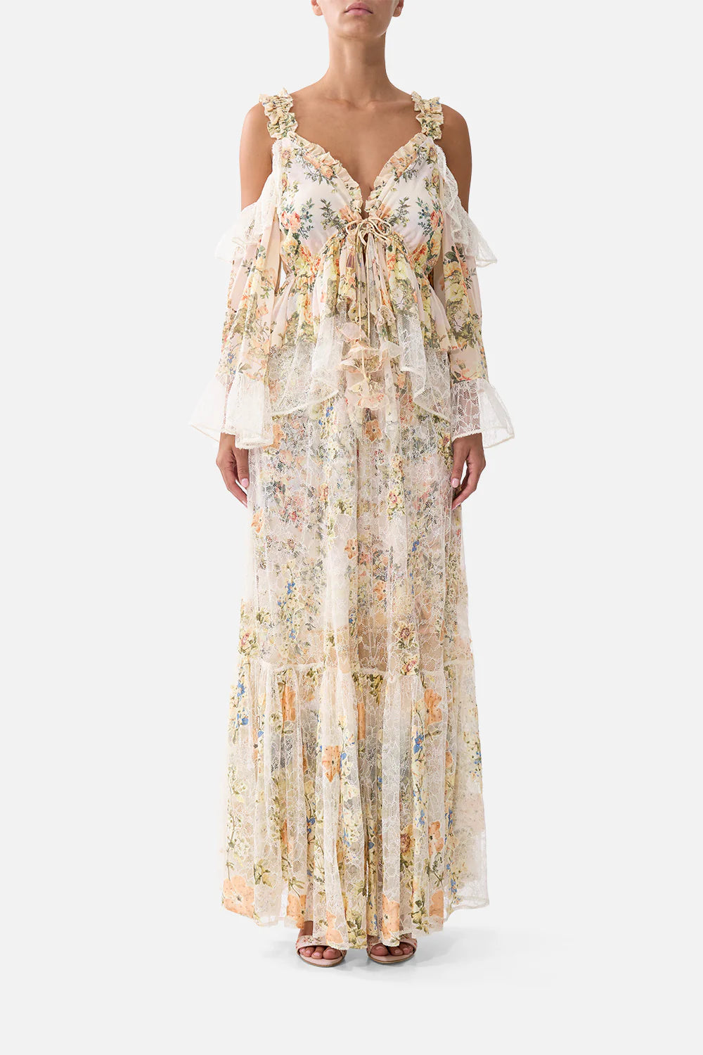 Twilight in Istanbul Waistband Ruffle Hem Floral Maxi Skirt in Beige