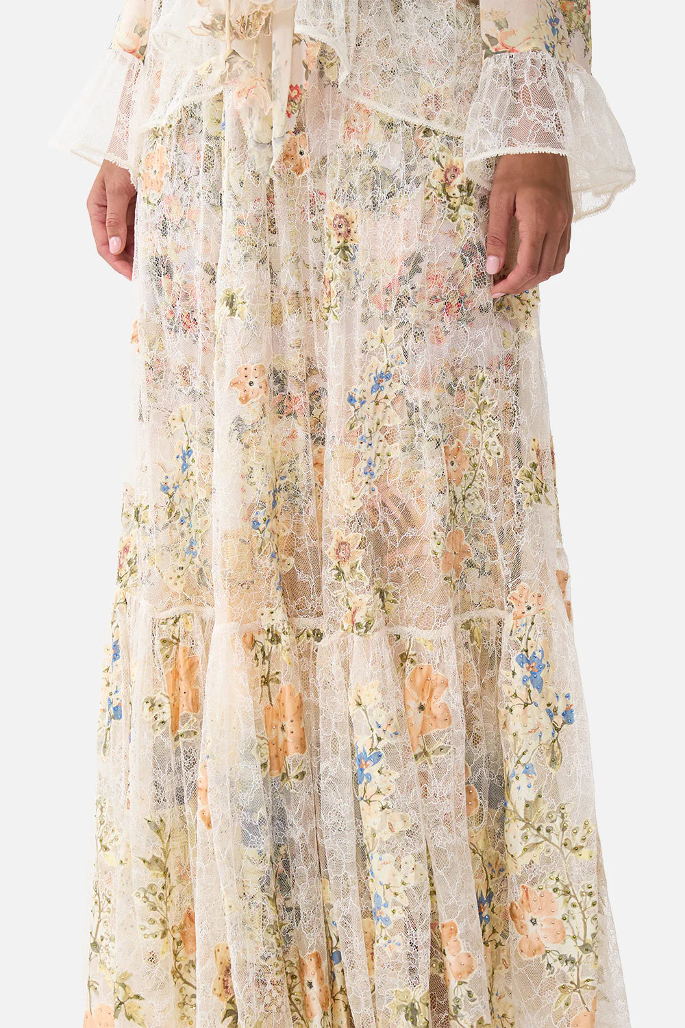 Twilight in Istanbul Waistband Ruffle Hem Floral Maxi Skirt in Beige